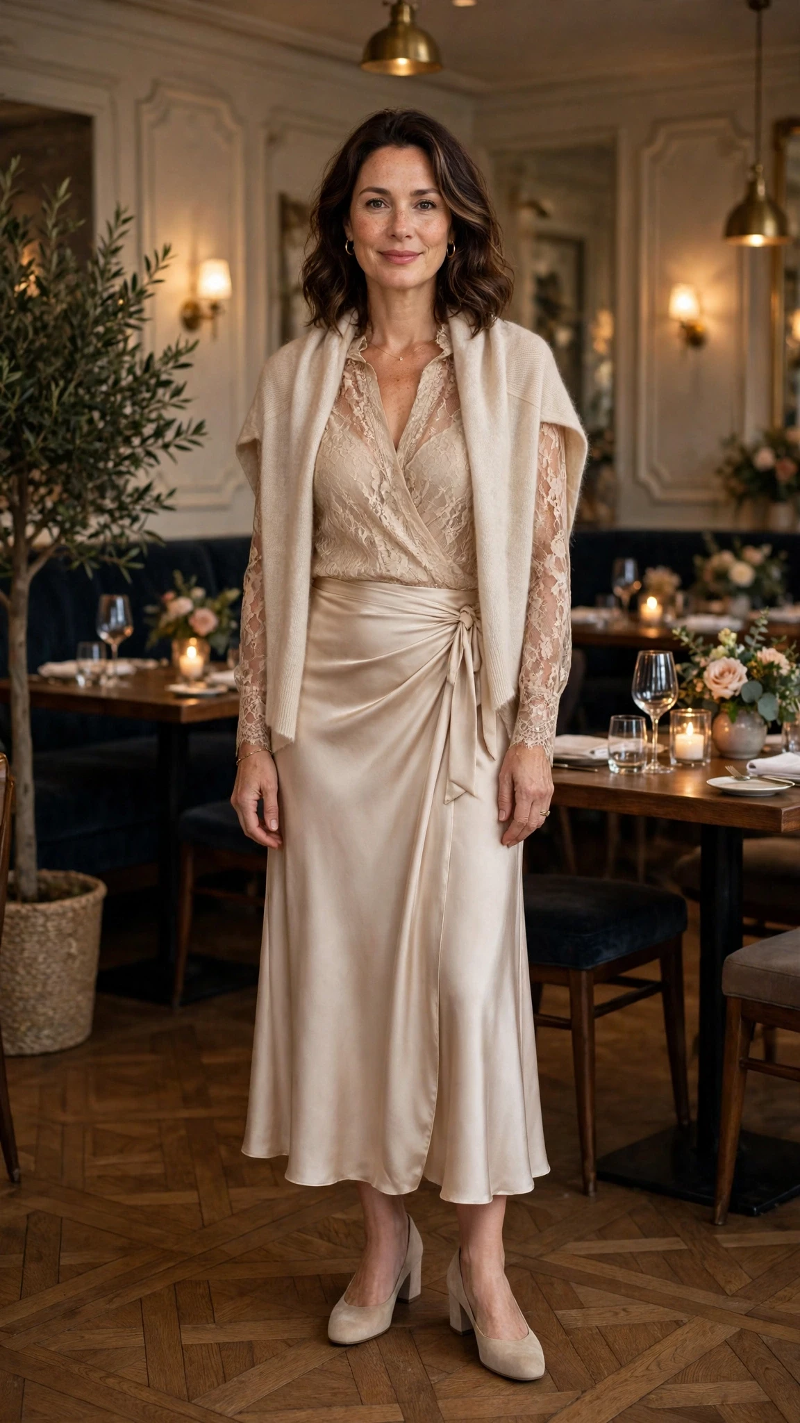 Champagne lace blouse and wrap skirt outfit with comfortable block heels and a cashmere wrap