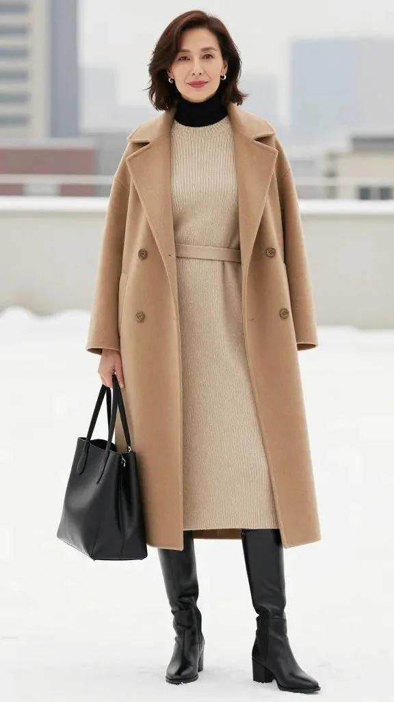 30 Long Wool Coat Outfits with Boots for Women Over 40 for Cold Walks That Are Warm, Smart and Effortless 5 Long Camel Wool Coat with a Cream Knit Dress and Black Knee Boots for a Snowy Village Walk