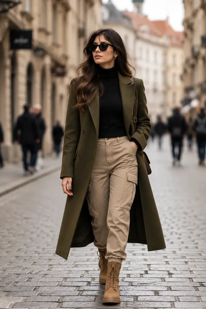 30 Long Wool Coat Outfits with Boots for Women Over 40 for Cold Walks That Are Warm, Smart and Effortless 8 Long Olive Wool Coat with Beige Cargo Trousers and Tan Boots for a Countryside Cold Walk