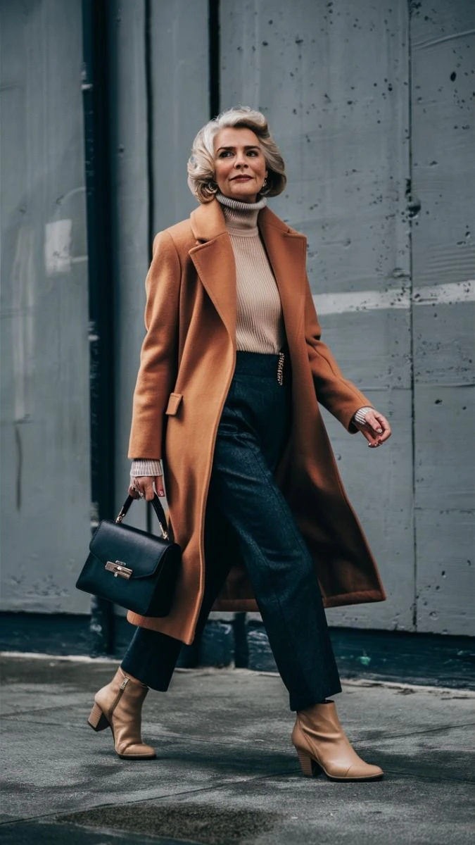 30 Long Wool Coat Outfits with Boots for Women Over 40 for Cold Walks That Are Warm, Smart and Effortless 11 Long Camel Wool Coat with Navy Trousers and Tan Boots for a Family Winter Walk