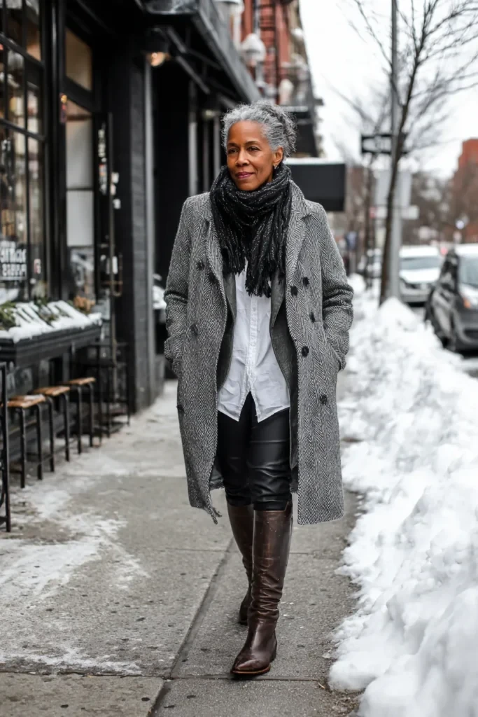 30 Long Wool Coat Outfits with Boots for Women Over 40 for Cold Walks That Are Warm, Smart and Effortless 13 Long Grey Wool Coat with Black Leather Trousers and Brown Knee Boots for a Cosy Winter Walk