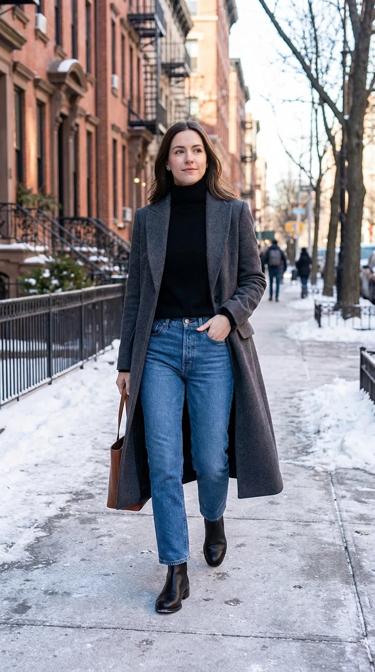 30 Long Wool Coat Outfits with Boots for Women Over 40 for Cold Walks That Are Warm, Smart and Effortless 14 Long Grey Wool Coat with Blue Jeans and Black Ankle Boots for a Casual Cold Walk