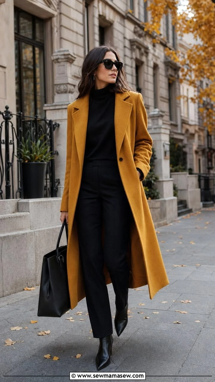 30 Long Wool Coat Outfits with Boots for Women Over 40 for Cold Walks That Are Warm, Smart and Effortless 16 Long Mustard Wool Coat with Black Trousers and Black Boots for a Cheerful Cold Walk