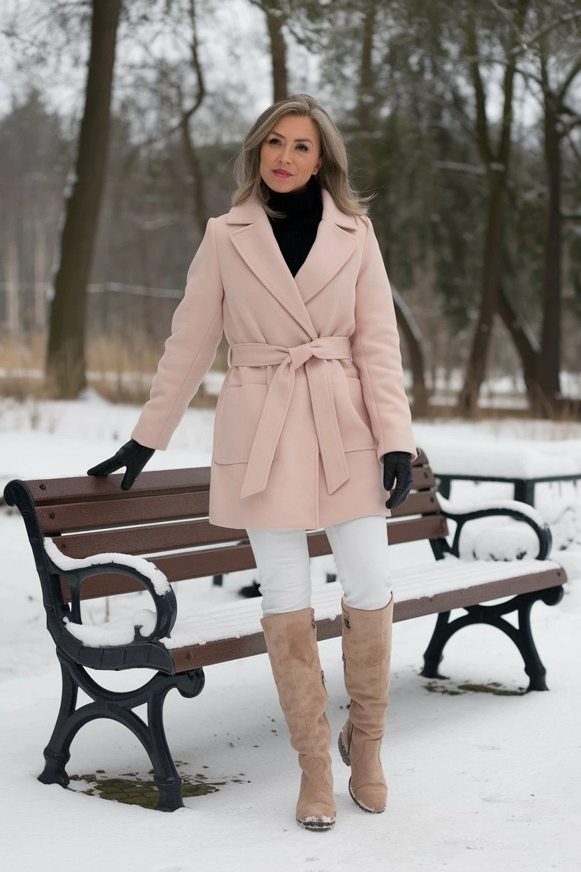 30 Long Wool Coat Outfits with Boots for Women Over 40 for Cold Walks That Are Warm, Smart and Effortless 17 Long Pink Wool Coat with White Trousers and Beige Knee Boots for a Soft Snowy Walk