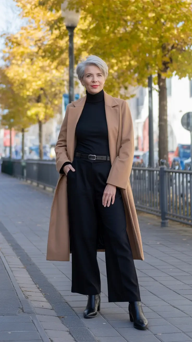 30 Long Wool Coat Outfits with Boots for Women Over 40 for Cold Walks That Are Warm, Smart and Effortless 19 Long Camel Wool Coat with Black Wide-Leg Trousers and Black Boots for a Smart Cold Walk