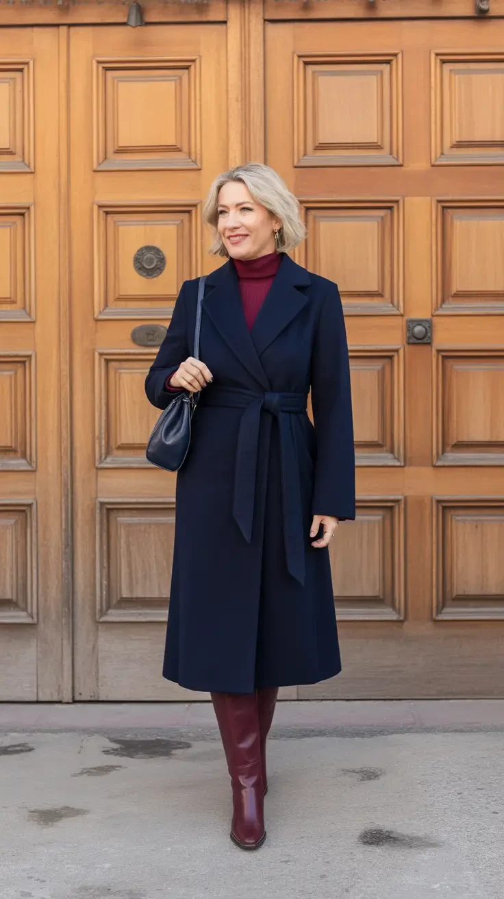 30 Long Wool Coat Outfits with Boots for Women Over 40 for Cold Walks That Are Warm, Smart and Effortless 21 Long Navy Wool Coat with a Navy Dress and Burgundy Knee Boots for a Cold Evening Walk