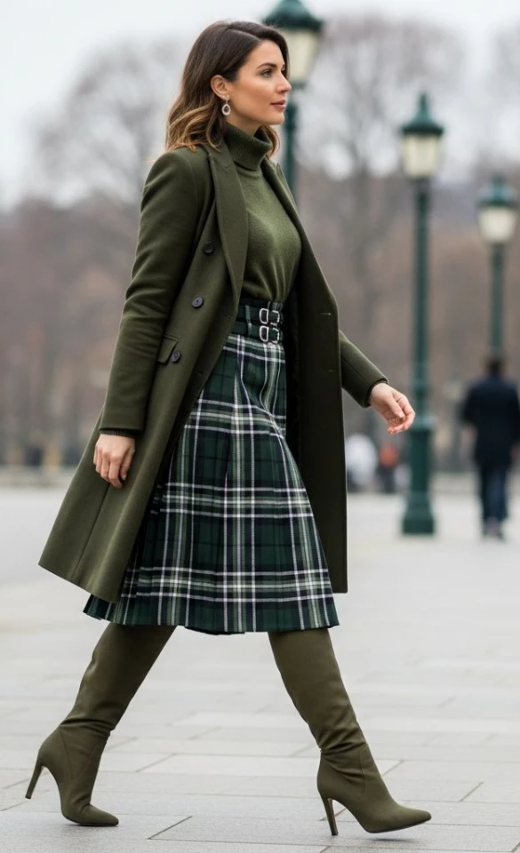 30 Long Wool Coat Outfits with Boots for Women Over 40 for Cold Walks That Are Warm, Smart and Effortless 22 Long Green Wool Coat with a Green Plaid Skirt and Green Knee Boots for a Woodland Winter Walk