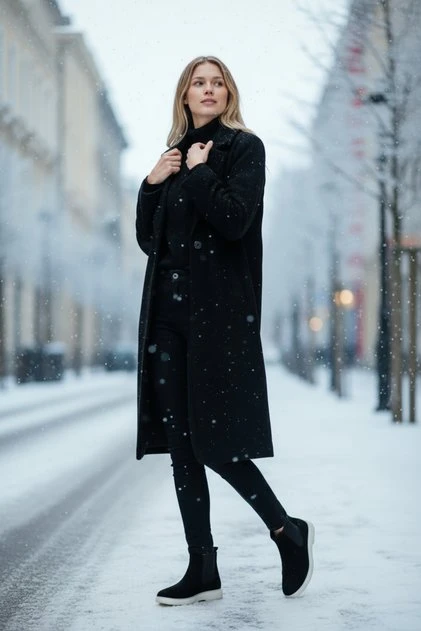 30 Long Wool Coat Outfits with Boots for Women Over 40 for Cold Walks That Are Warm, Smart and Effortless 24 Long Black Wool Coat with Black Leggings and Black Boots for a Park Winter Walk
