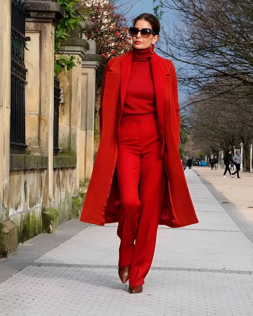 30 Long Wool Coat Outfits with Boots for Women Over 40 for Cold Walks That Are Warm, Smart and Effortless 25 Long Red Wool Coat with Red Trousers and Brown Shoes for a Bold Cold Walk