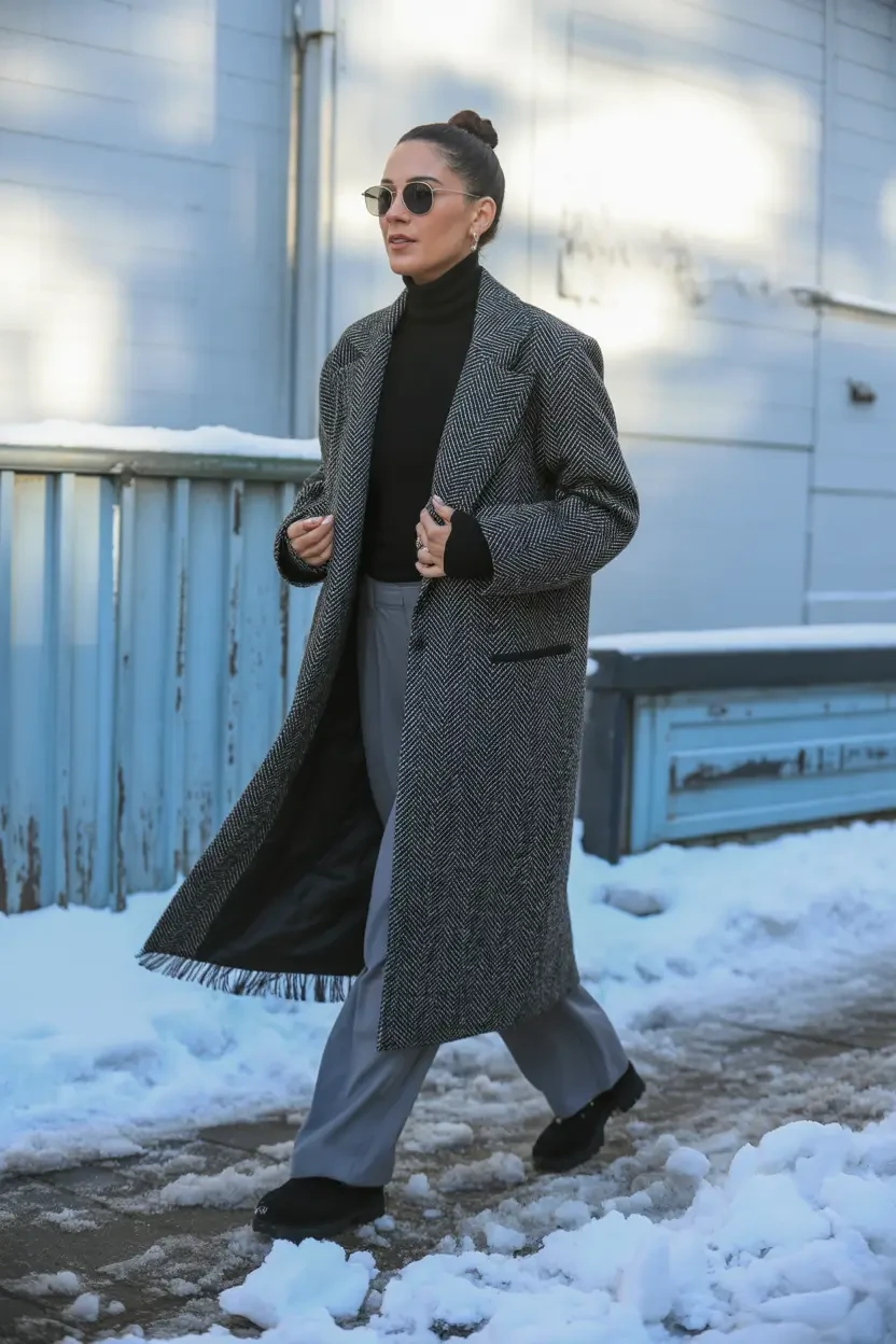 30 Long Wool Coat Outfits with Boots for Women Over 40 for Cold Walks That Are Warm, Smart and Effortless 26 Long Grey Wool Coat with Grey Trousers and Black Shoes for a Bookshop Winter Walk