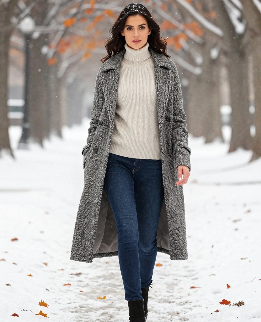 30 Long Wool Coat Outfits with Boots for Women Over 40 for Cold Walks That Are Warm, Smart and Effortless 27 Long Grey Wool Coat with Blue Jeans and Black Boots for a Snowy Cold Walk