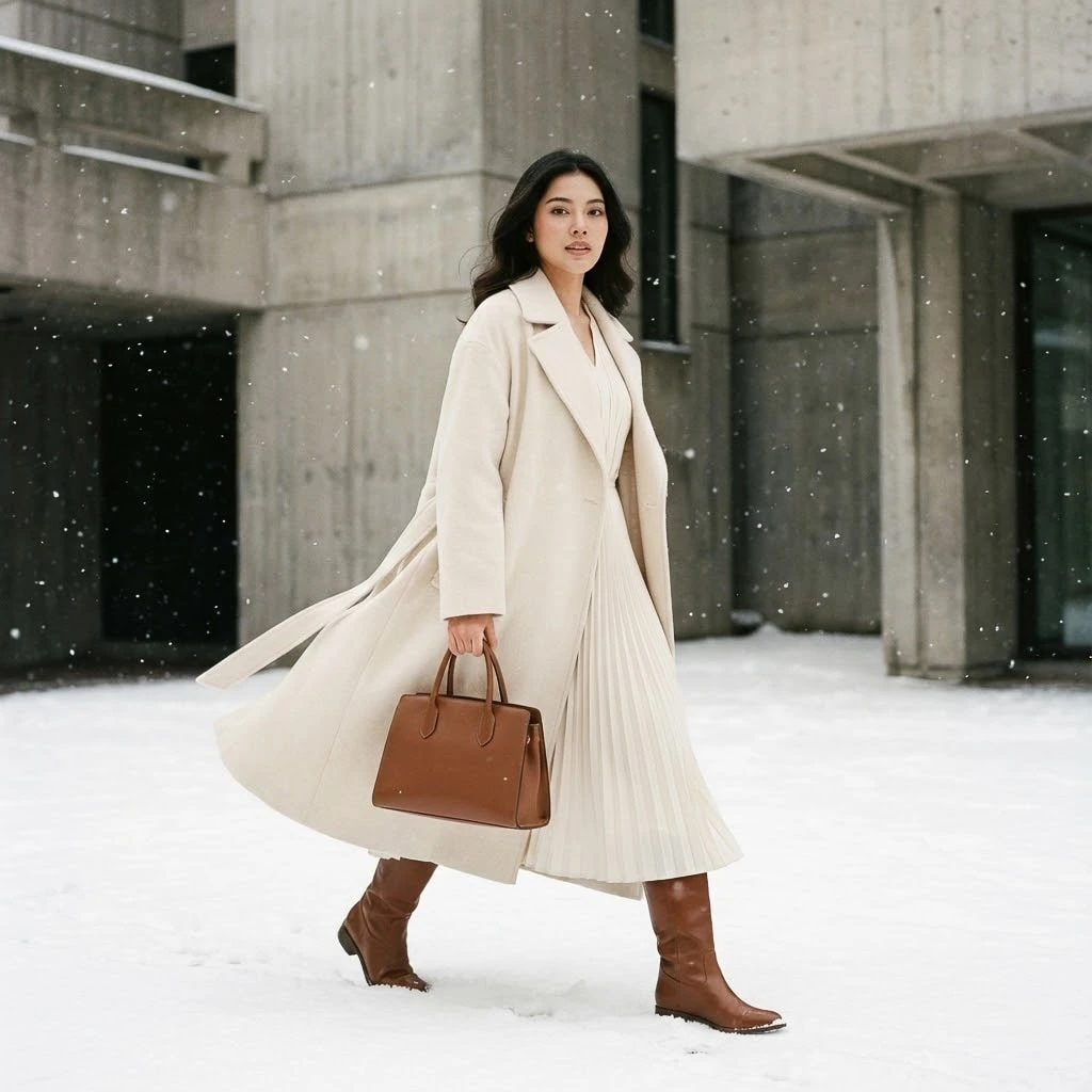 30 Long Wool Coat Outfits with Boots for Women Over 40 for Cold Walks That Are Warm, Smart and Effortless 30 Long Cream Wool Coat with a Cream Pleated Skirt and Brown Boots for a Pretty Winter Walk