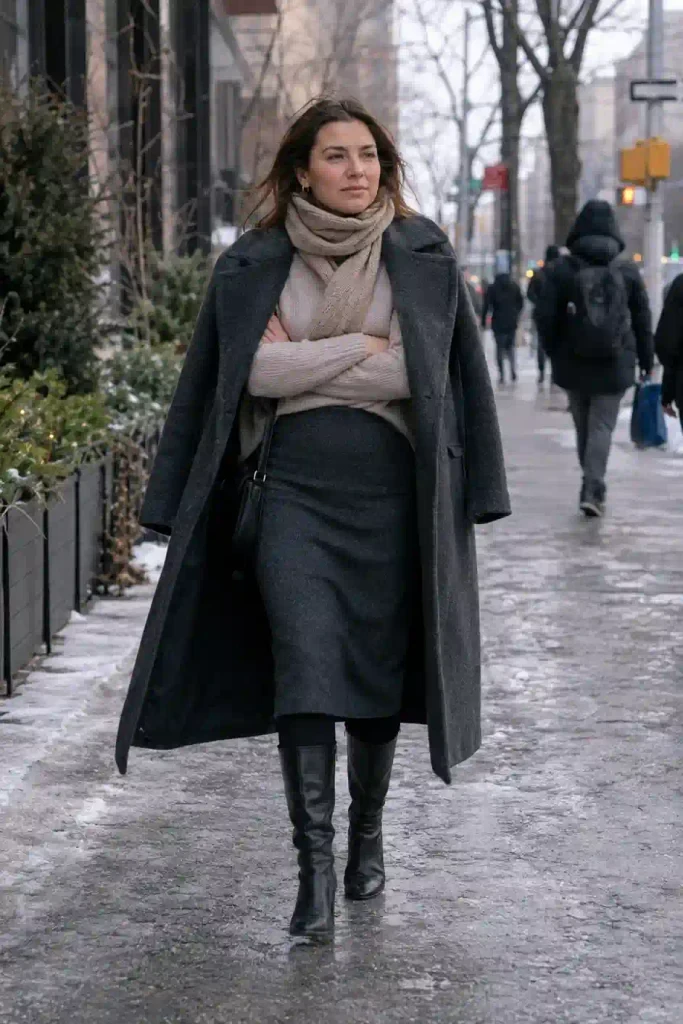 30 Long Wool Coat Outfits with Boots for Women Over 40 for Cold Walks That Are Warm, Smart and Effortless 31 Long Grey Wool Coat with a Grey Skirt and Black Knee Boots for a Winter Evening Walk