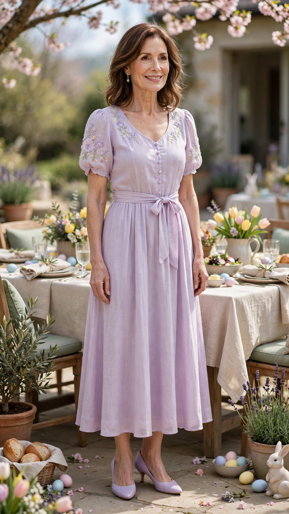 40 Women Over 40 Pastel Easter Dress Outfits for Family Lunch That Are Fresh, Chic and Easy to Wear 2 Lavender Pastel Easter Dress Outfit with kitten heels and delicate earrings