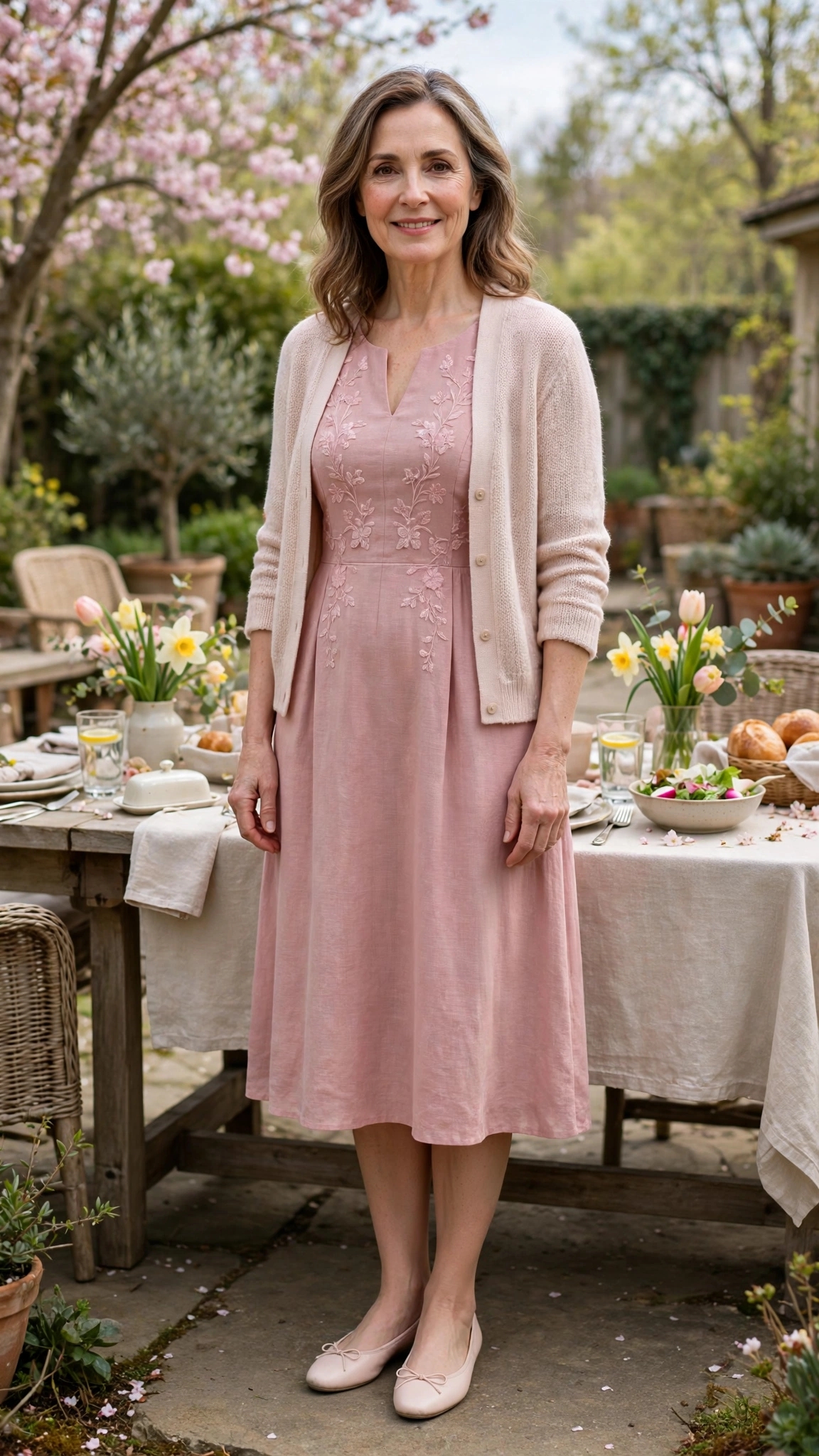 40 Women Over 40 Pastel Easter Dress Outfits for Family Lunch That Are Fresh, Chic and Easy to Wear 3 Dusty Rose Pastel Easter Dress Outfit with ballet flats and a pastel cardigan