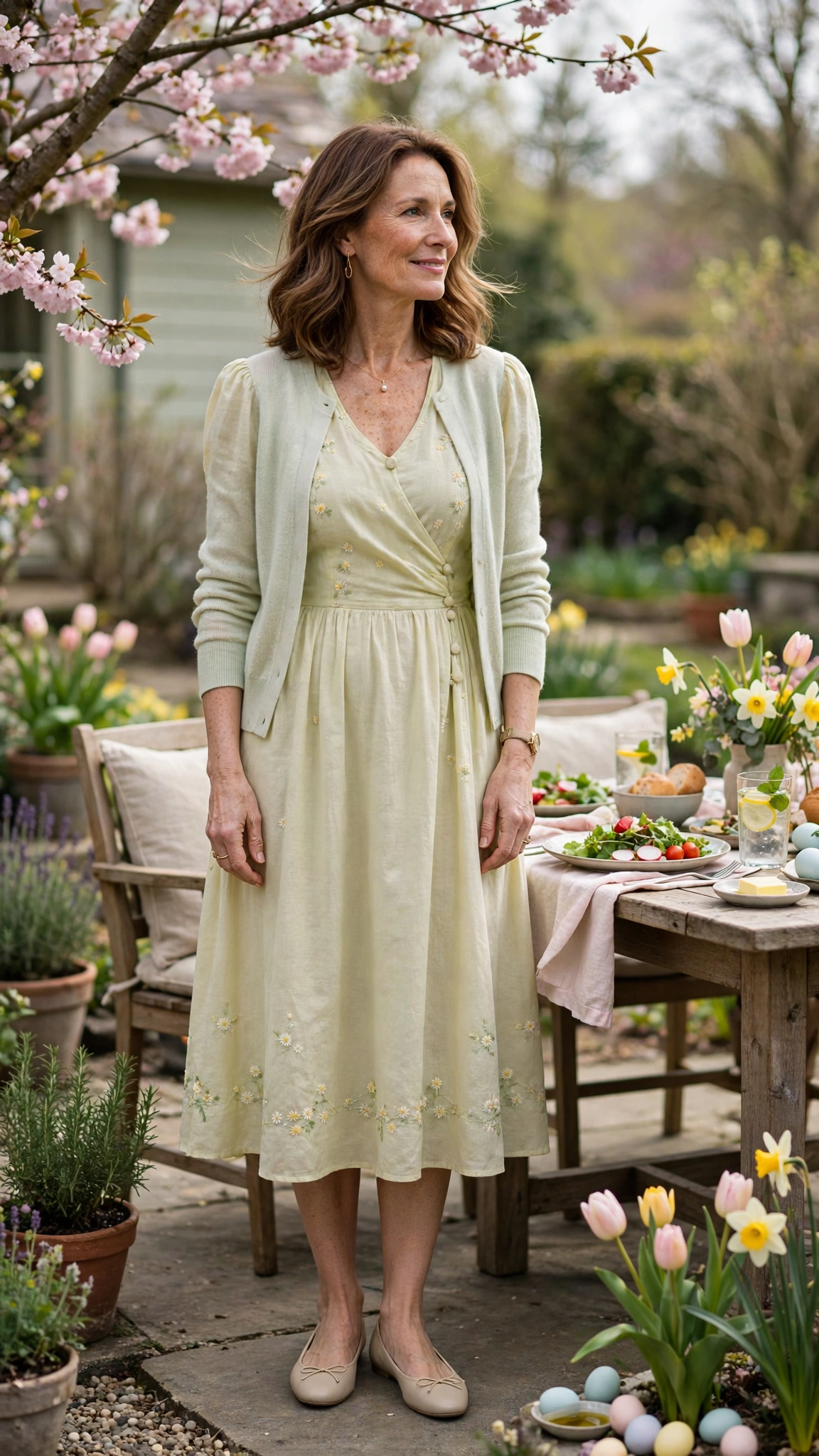 40 Women Over 40 Pastel Easter Dress Outfits for Family Lunch That Are Fresh, Chic and Easy to Wear 5 Pistachio Pastel Easter Dress Outfit with ballet flats and a pastel cardigan