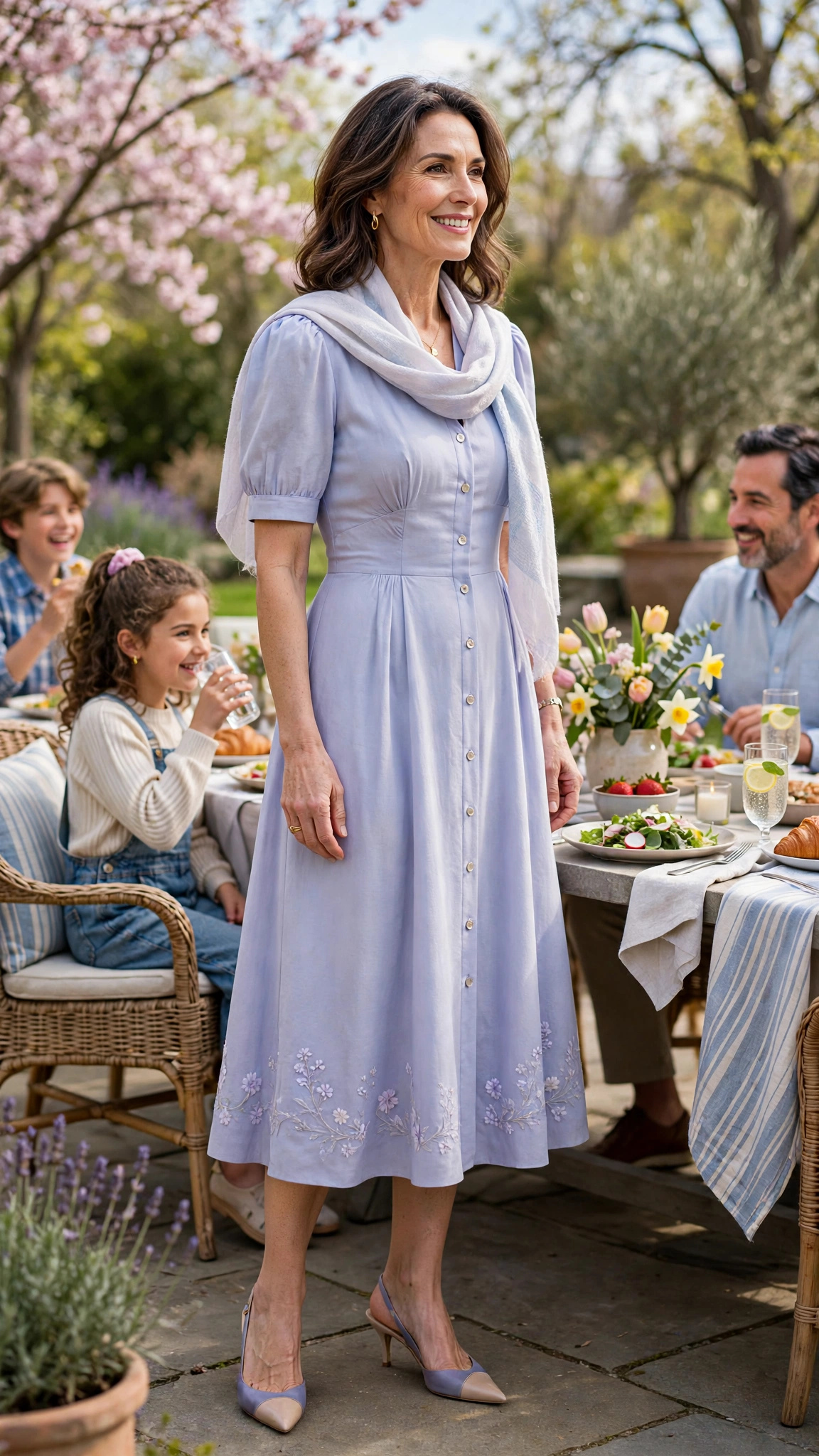 40 Women Over 40 Pastel Easter Dress Outfits for Family Lunch That Are Fresh, Chic and Easy to Wear 6 Periwinkle Pastel Easter Dress Outfit with slingback heels and a light scarf