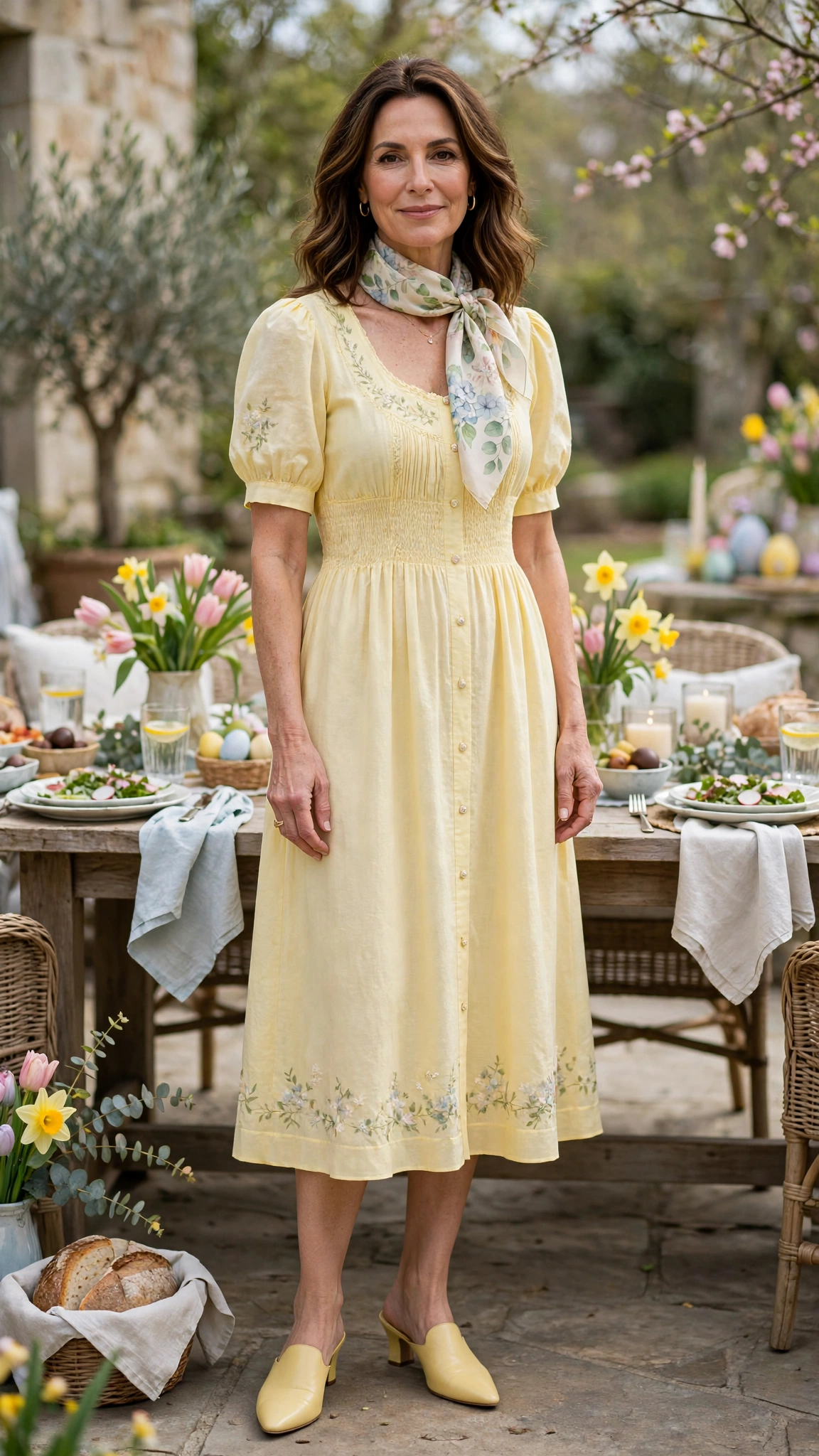 40 Women Over 40 Pastel Easter Dress Outfits for Family Lunch That Are Fresh, Chic and Easy to Wear 7 Butter Yellow Pastel Easter Dress Outfit with mules and a silk scarf