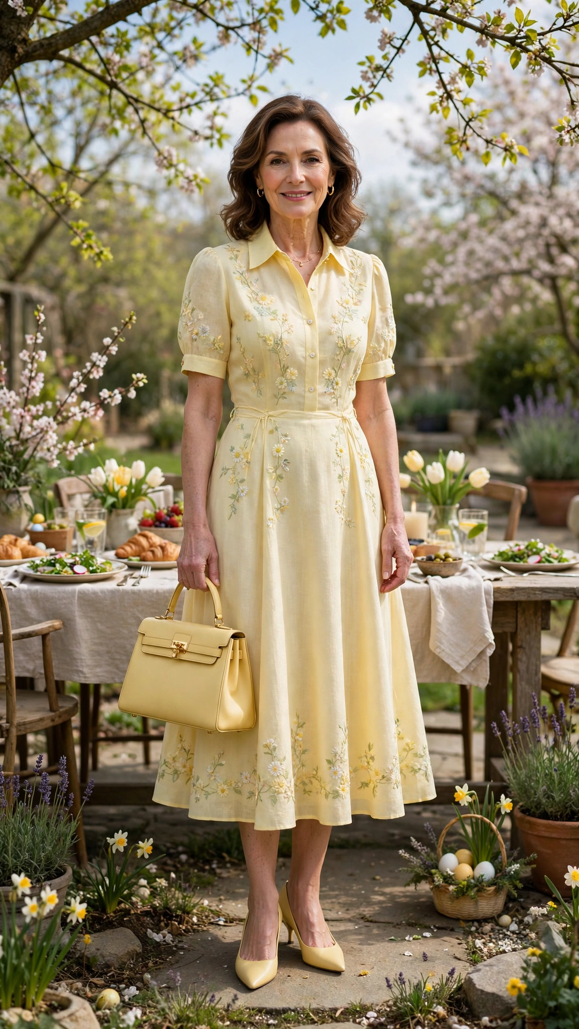 40 Women Over 40 Pastel Easter Dress Outfits for Family Lunch That Are Fresh, Chic and Easy to Wear 8 Butter Yellow Pastel Easter Dress Outfit with pointed pumps and a structured bag