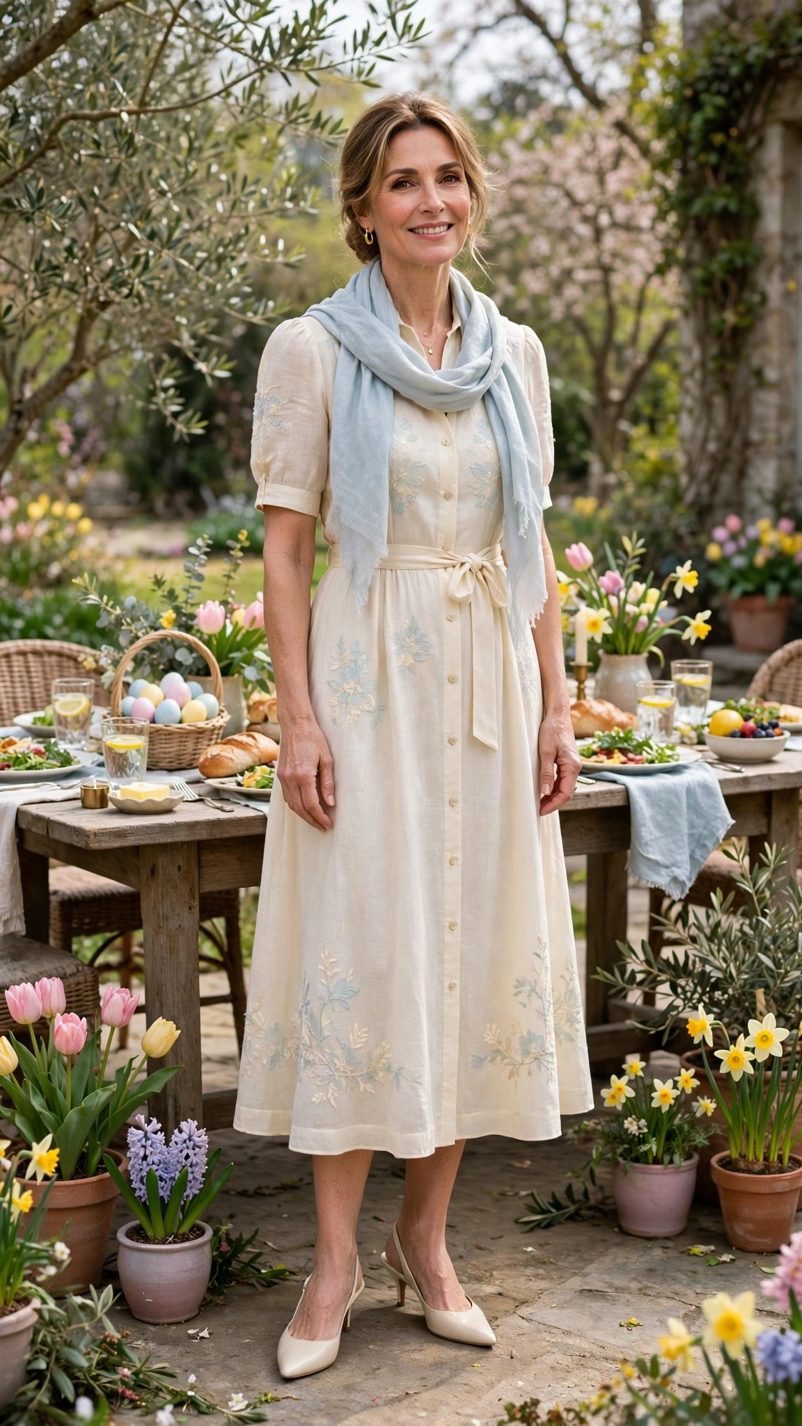 40 Women Over 40 Pastel Easter Dress Outfits for Family Lunch That Are Fresh, Chic and Easy to Wear 12 Cream Pastel Easter Dress Outfit with slingback heels and a light scarf