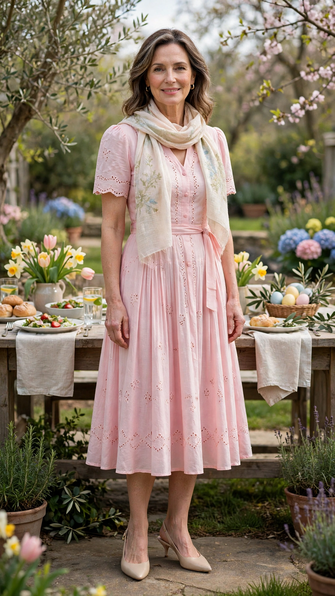 40 Women Over 40 Pastel Easter Dress Outfits for Family Lunch That Are Fresh, Chic and Easy to Wear 13 Shell Pink Pastel Easter Dress Outfit with slingback heels and a light scarf