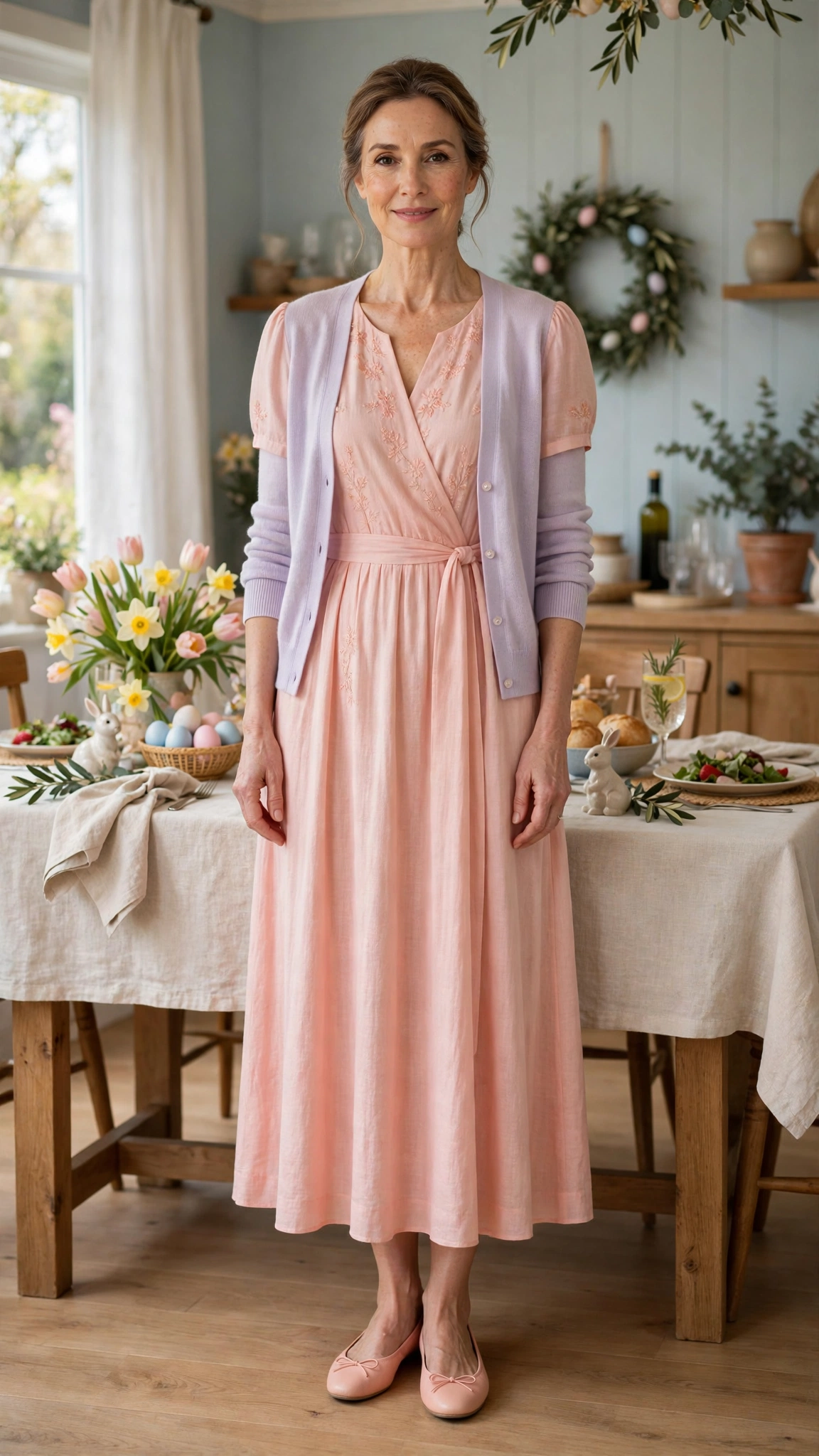 40 Women Over 40 Pastel Easter Dress Outfits for Family Lunch That Are Fresh, Chic and Easy to Wear 14 Pale Coral Pastel Easter Dress Outfit with ballet flats and a pastel cardigan
