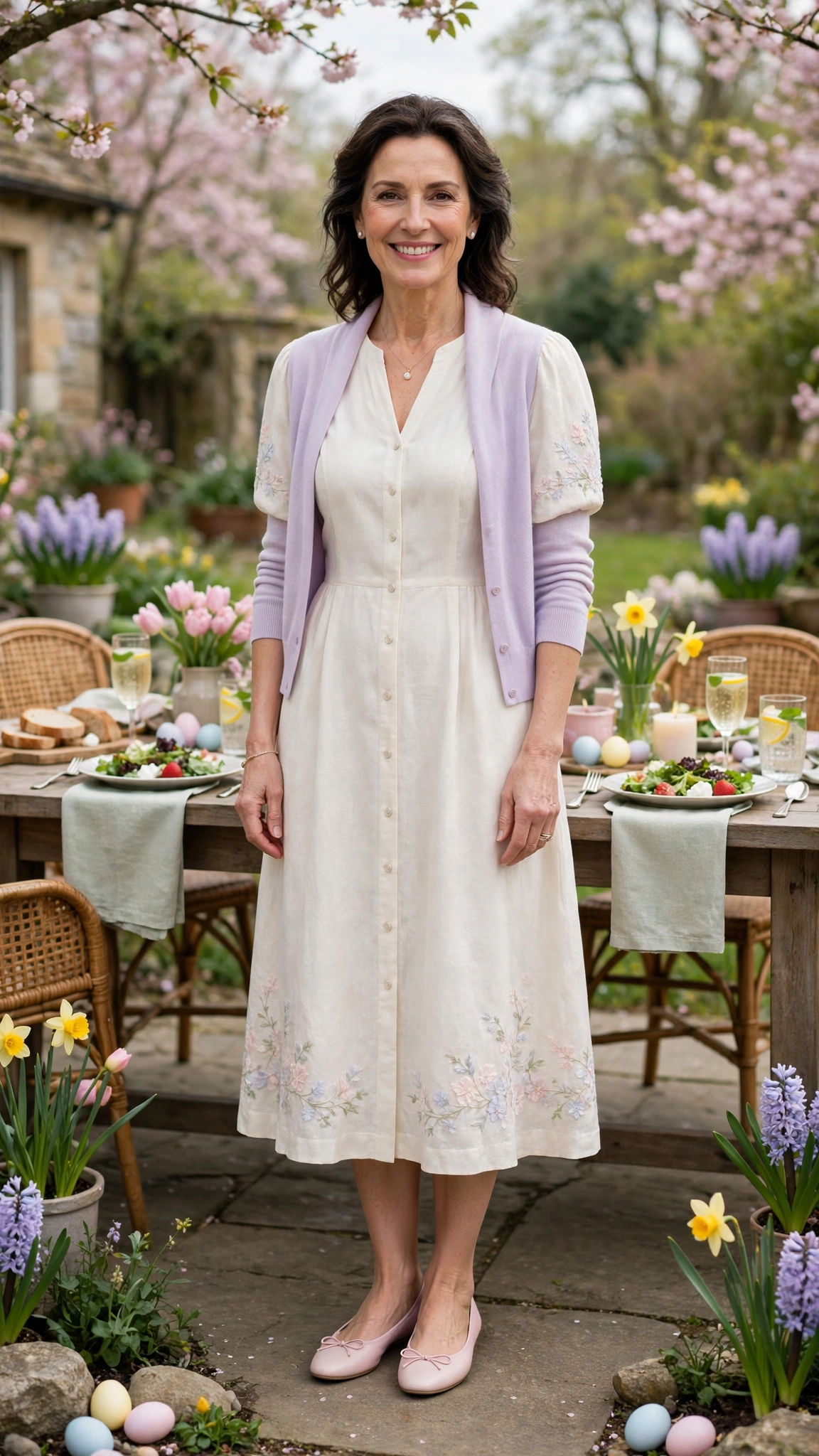 40 Women Over 40 Pastel Easter Dress Outfits for Family Lunch That Are Fresh, Chic and Easy to Wear 15 Ivory Pastel Easter Dress Outfit with ballet flats and a pastel cardigan