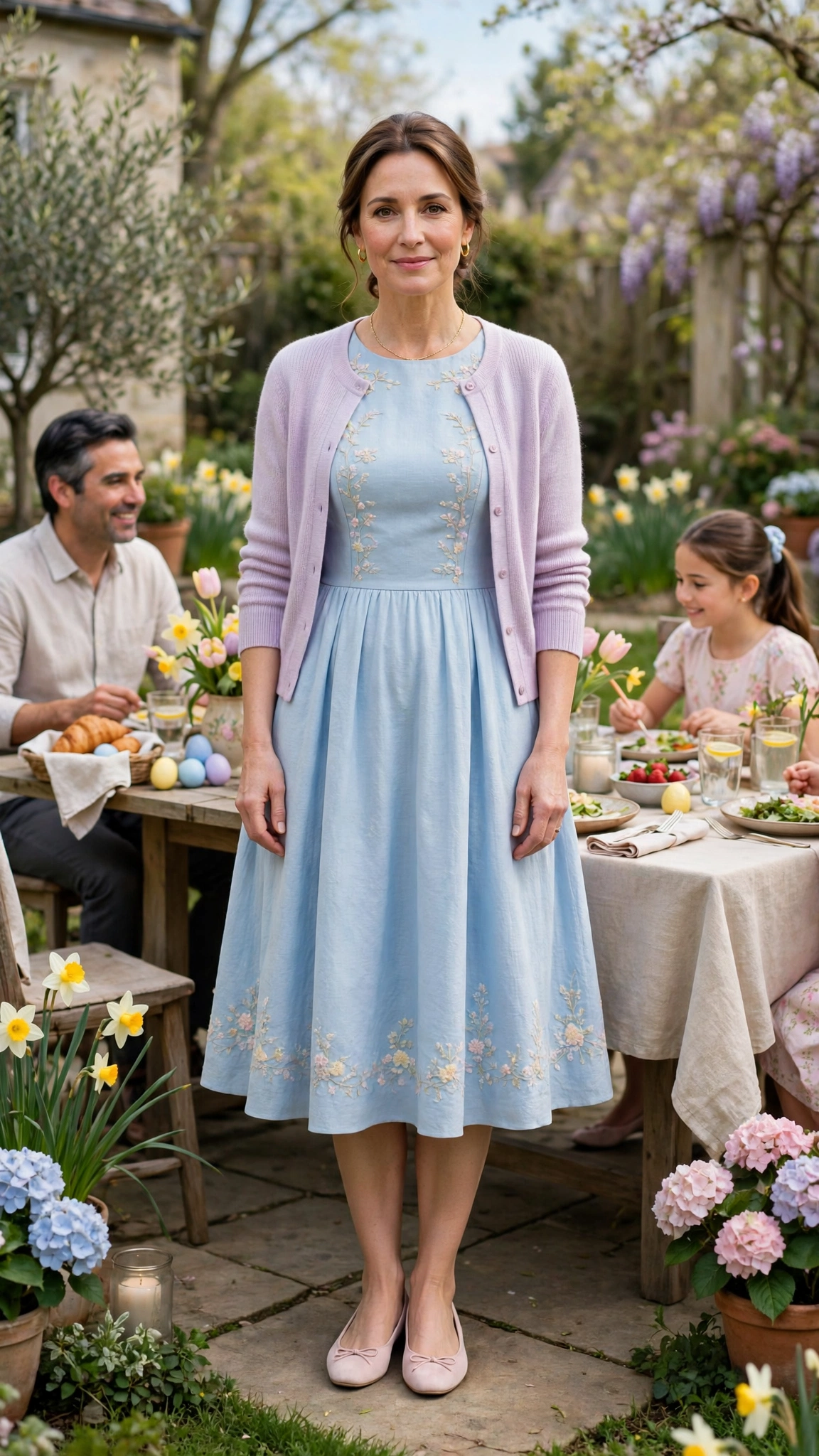 40 Women Over 40 Pastel Easter Dress Outfits for Family Lunch That Are Fresh, Chic and Easy to Wear 16 Sky Blue Pastel Easter Dress Outfit with ballet flats and a pastel cardigan