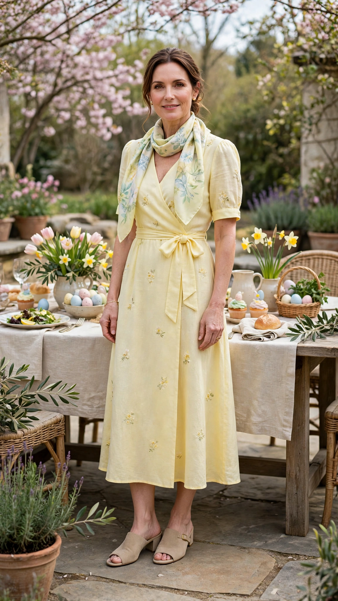 40 Women Over 40 Pastel Easter Dress Outfits for Family Lunch That Are Fresh, Chic and Easy to Wear 17 Lemon Yellow Pastel Easter Dress Outfit with mules and a silk scarf