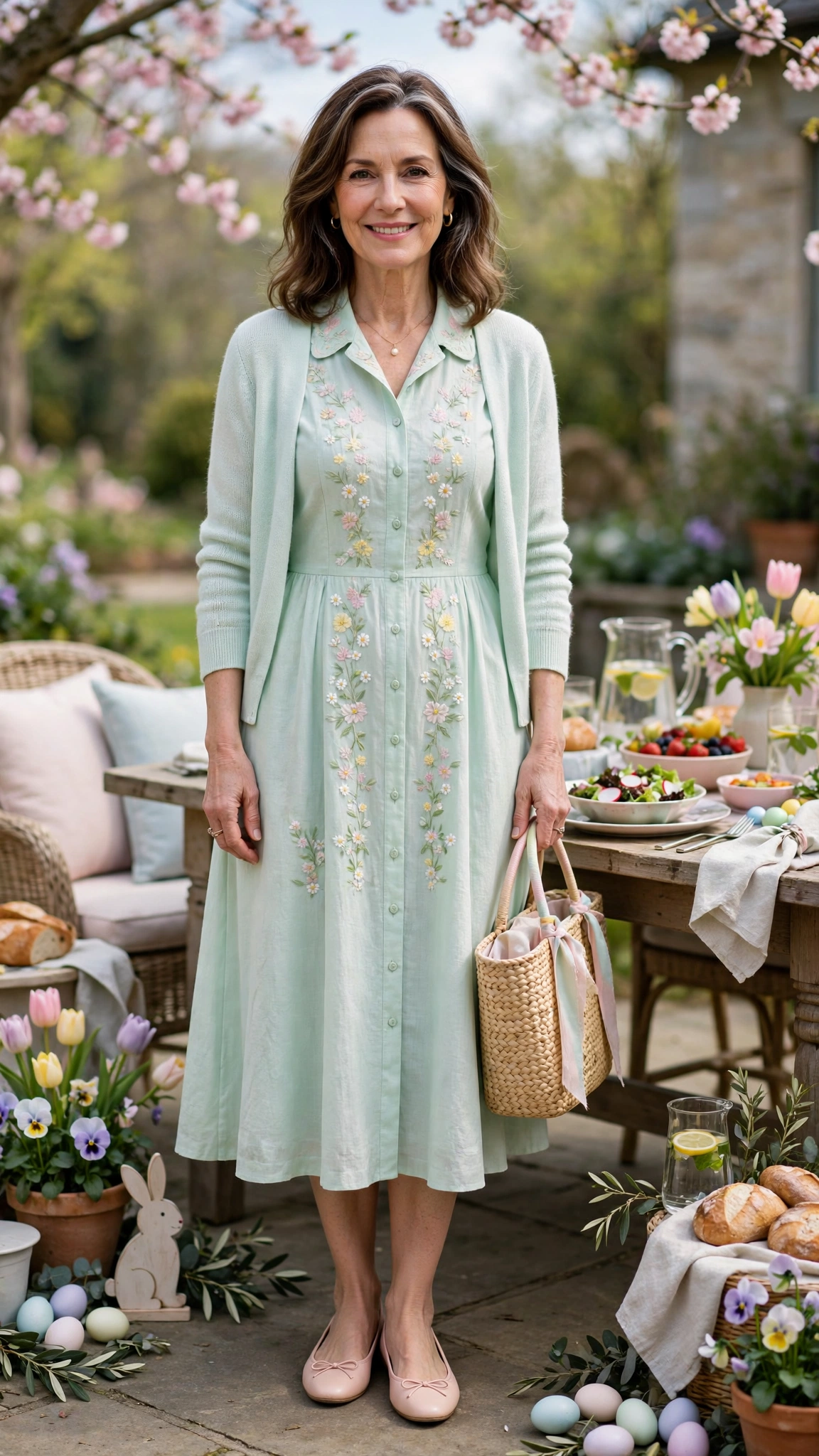 40 Women Over 40 Pastel Easter Dress Outfits for Family Lunch That Are Fresh, Chic and Easy to Wear 18 Mint Pastel Easter Dress Outfit with ballet flats and a pastel cardigan