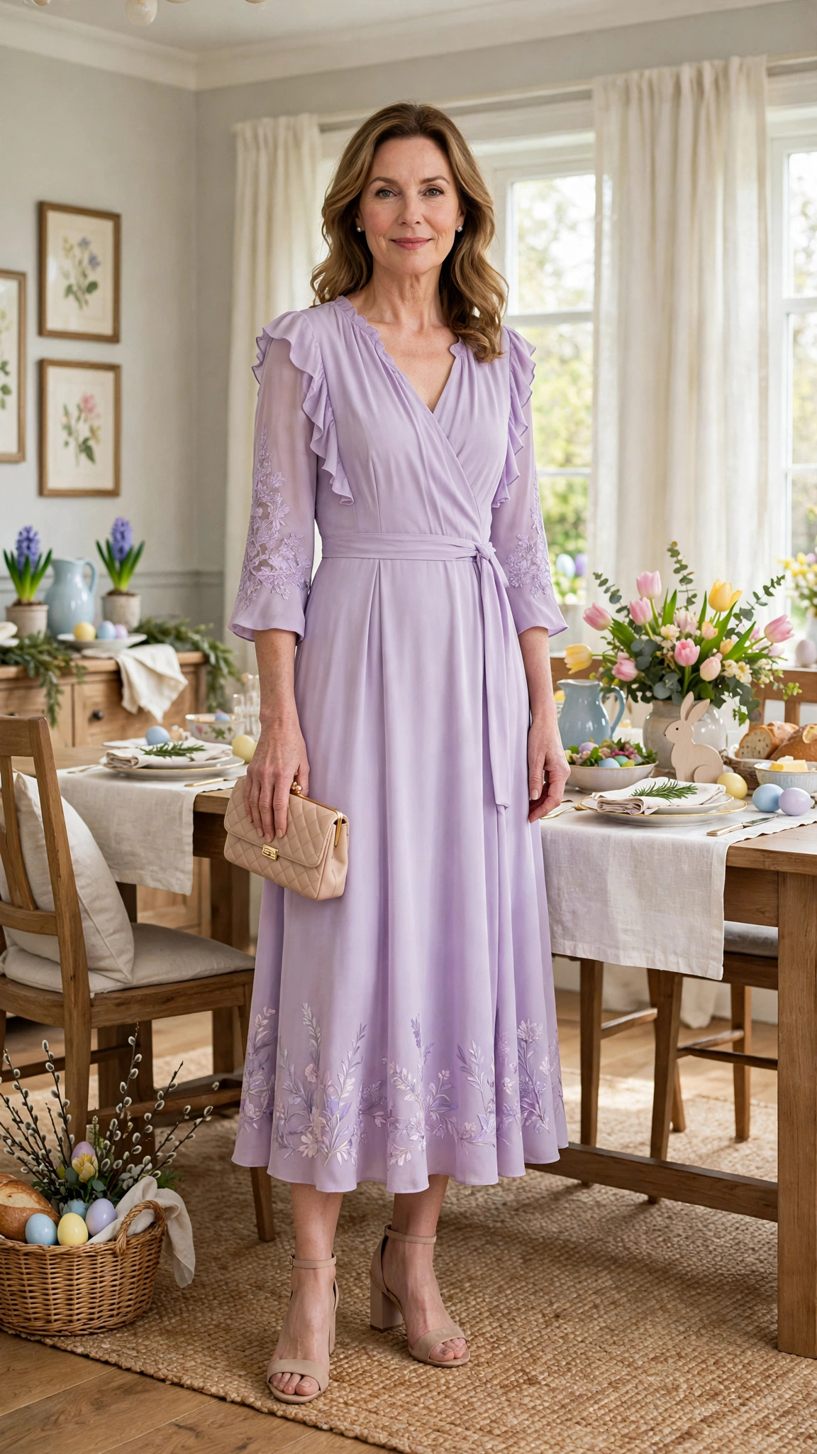 40 Women Over 40 Pastel Easter Dress Outfits for Family Lunch That Are Fresh, Chic and Easy to Wear 19 Lavender Pastel Easter Dress Outfit with nude block heels and a small clutch