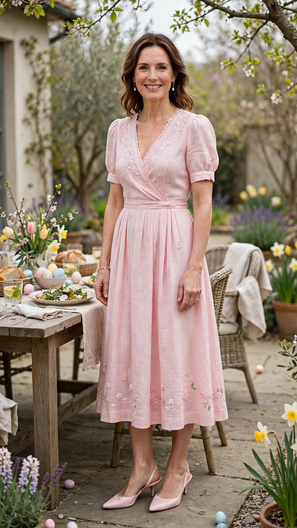 40 Women Over 40 Pastel Easter Dress Outfits for Family Lunch That Are Fresh, Chic and Easy to Wear 20 Shell Pink Pastel Easter Dress Outfit with kitten heels and delicate earrings