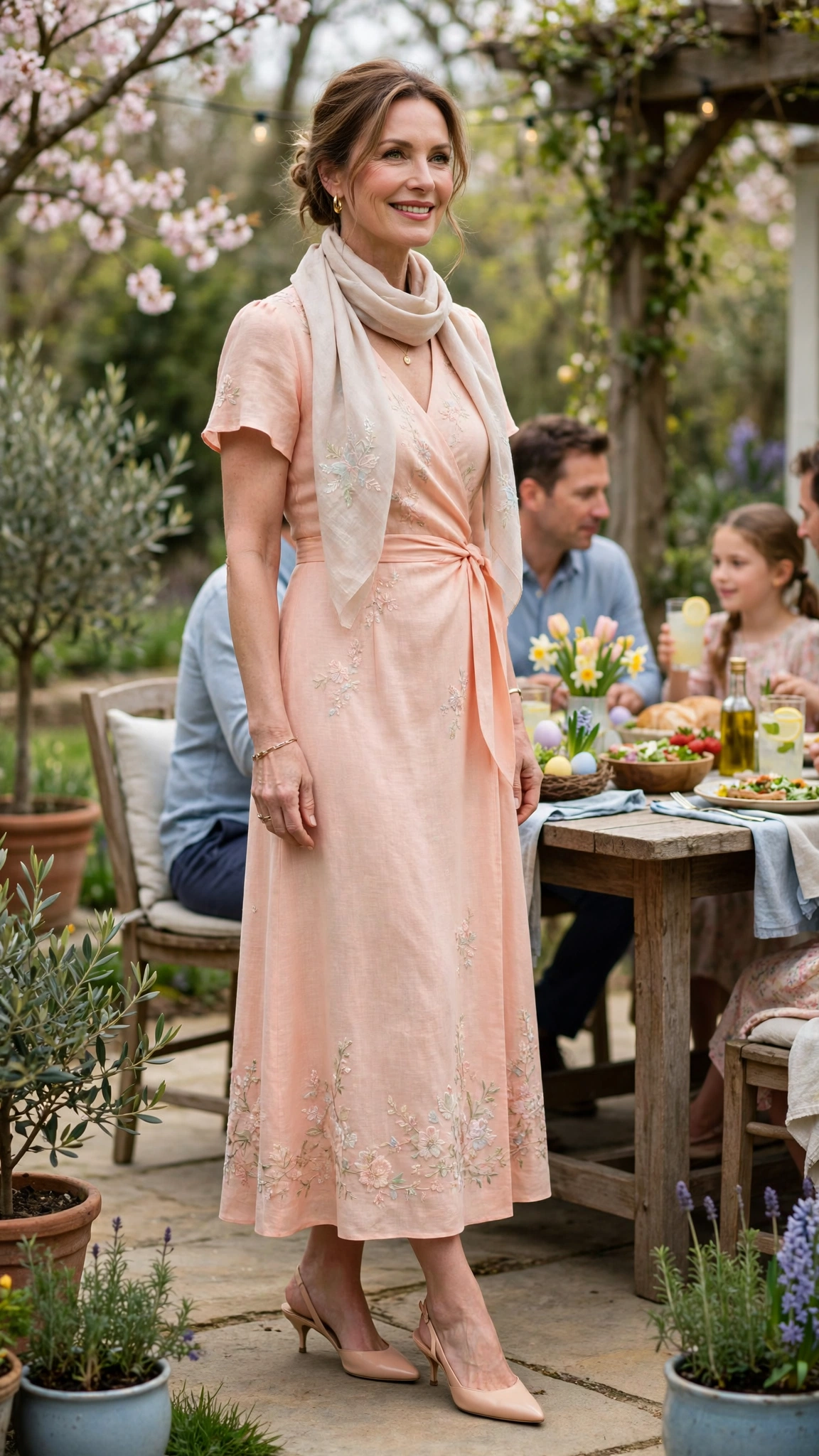 40 Women Over 40 Pastel Easter Dress Outfits for Family Lunch That Are Fresh, Chic and Easy to Wear 21 Peach Pastel Easter Dress Outfit with slingback heels and a light scarf