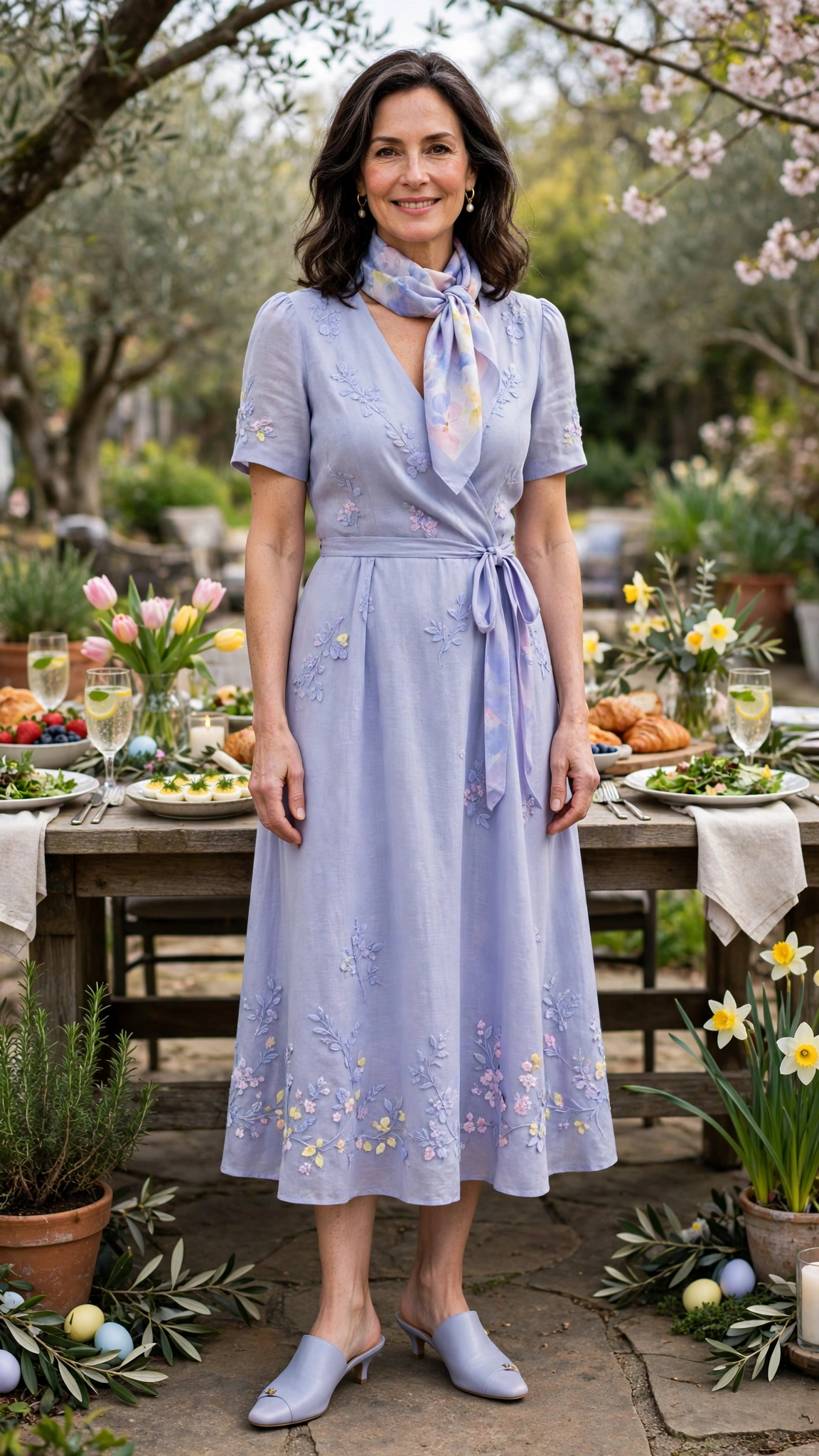 40 Women Over 40 Pastel Easter Dress Outfits for Family Lunch That Are Fresh, Chic and Easy to Wear 23 Periwinkle Pastel Easter Dress Outfit with mules and a silk scarf
