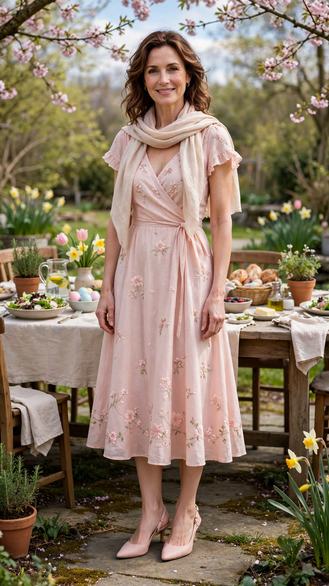 40 Women Over 40 Pastel Easter Dress Outfits for Family Lunch That Are Fresh, Chic and Easy to Wear 25 Blush Pink Pastel Easter Dress Outfit with slingback heels and a light scarf