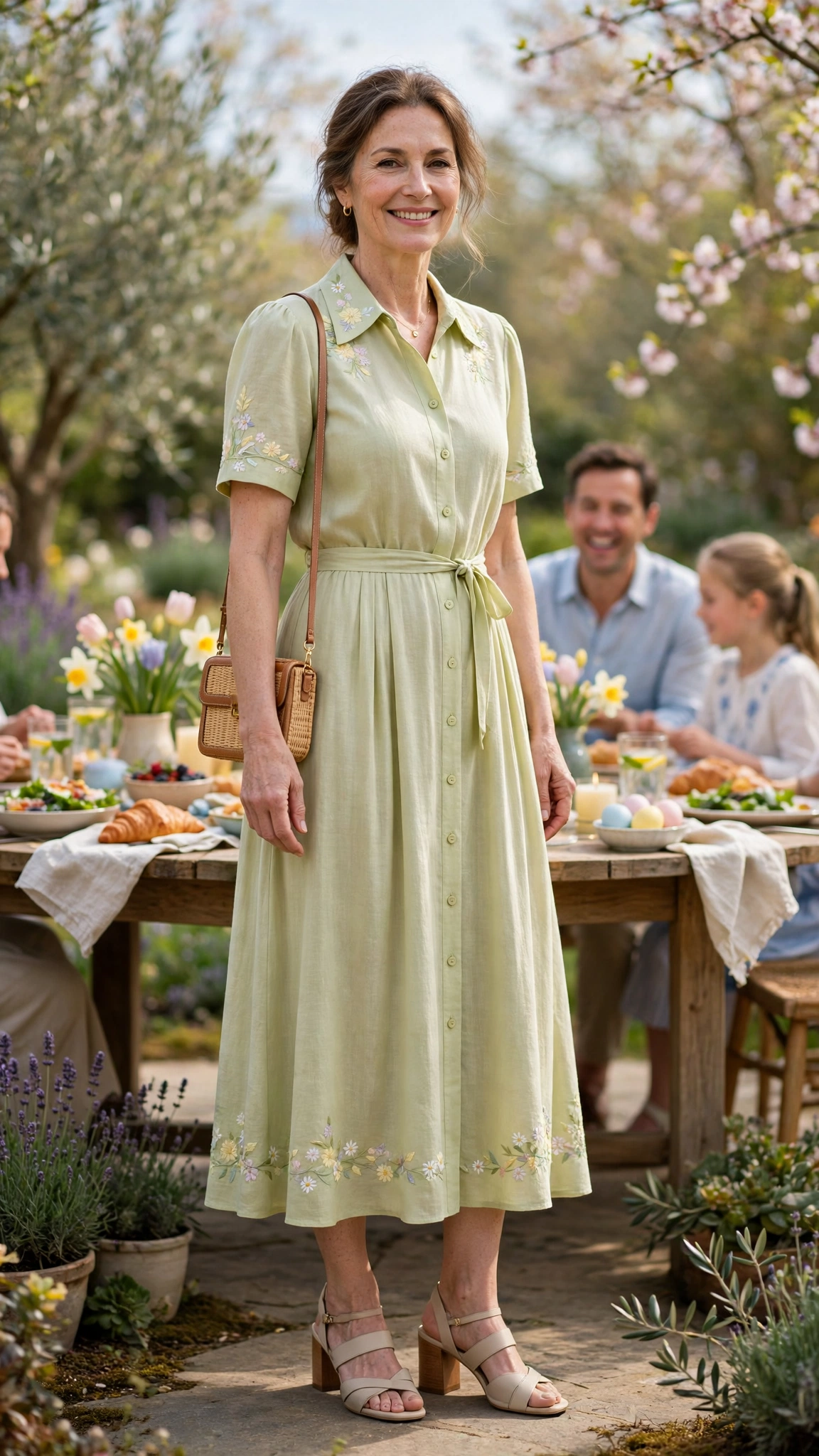 40 Women Over 40 Pastel Easter Dress Outfits for Family Lunch That Are Fresh, Chic and Easy to Wear 26 Pistachio Pastel Easter Dress Outfit with block-heel sandals and a small crossbody