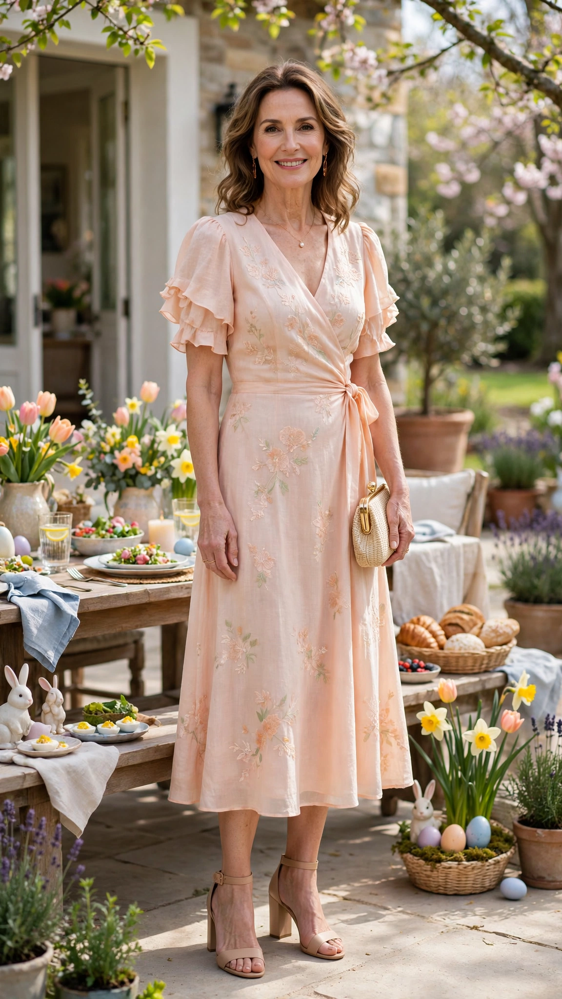 40 Women Over 40 Pastel Easter Dress Outfits for Family Lunch That Are Fresh, Chic and Easy to Wear 27 Peach Pastel Easter Dress Outfit with nude block heels and a small clutch