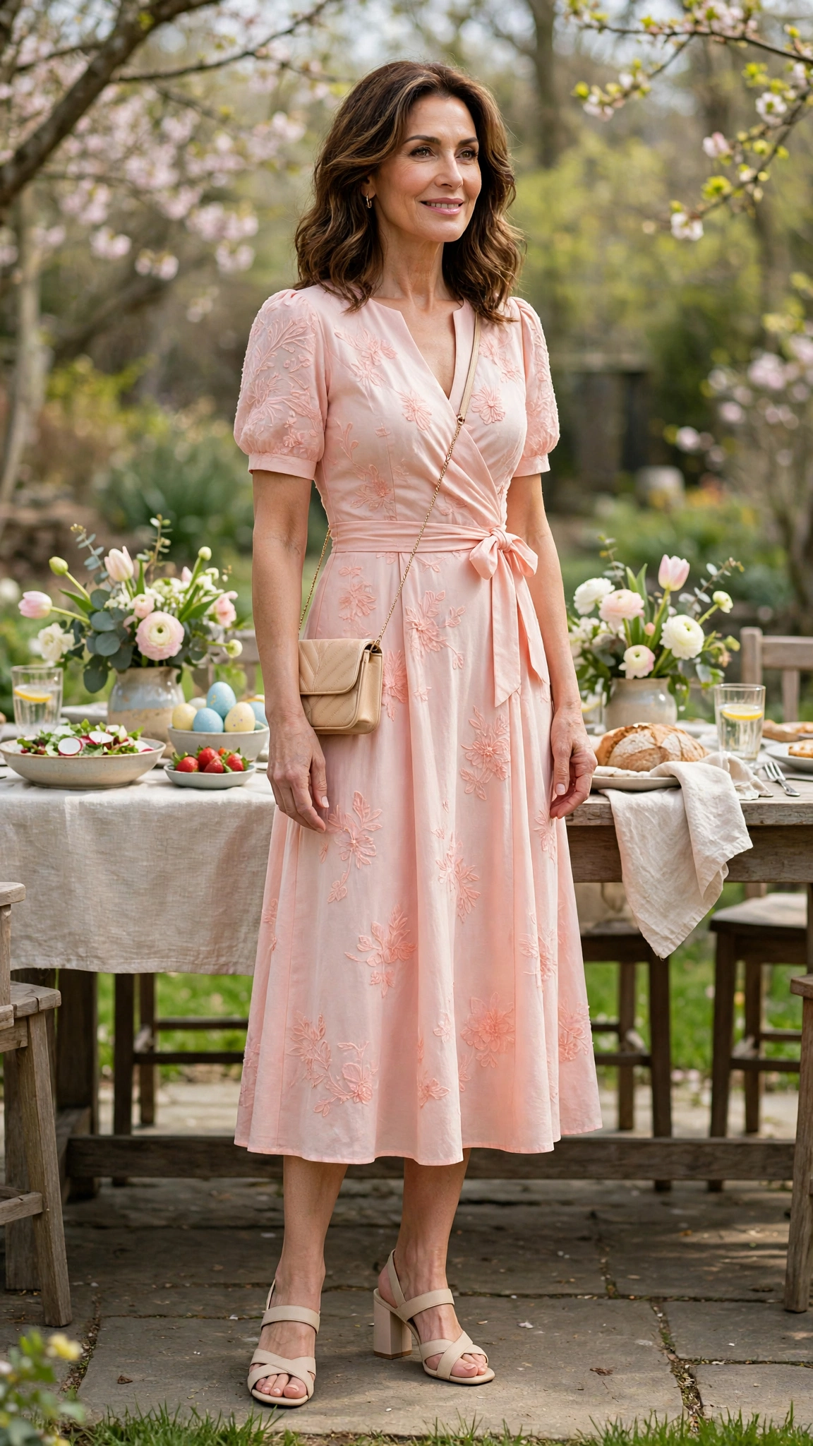 40 Women Over 40 Pastel Easter Dress Outfits for Family Lunch That Are Fresh, Chic and Easy to Wear 28 Pale Coral Pastel Easter Dress Outfit with block-heel sandals and a small crossbody