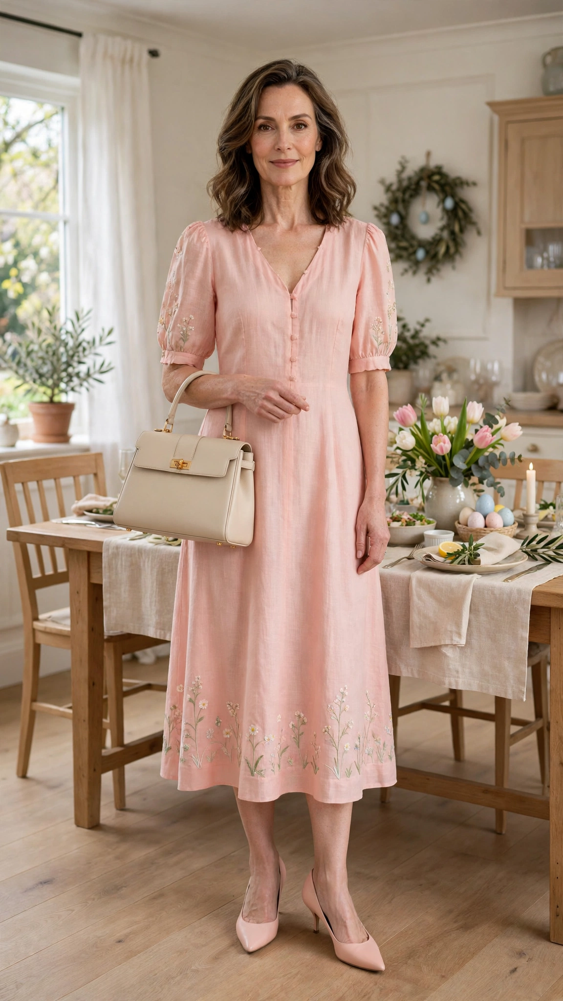 40 Women Over 40 Pastel Easter Dress Outfits for Family Lunch That Are Fresh, Chic and Easy to Wear 29 Pale Coral Pastel Easter Dress Outfit with pointed pumps and a structured bag