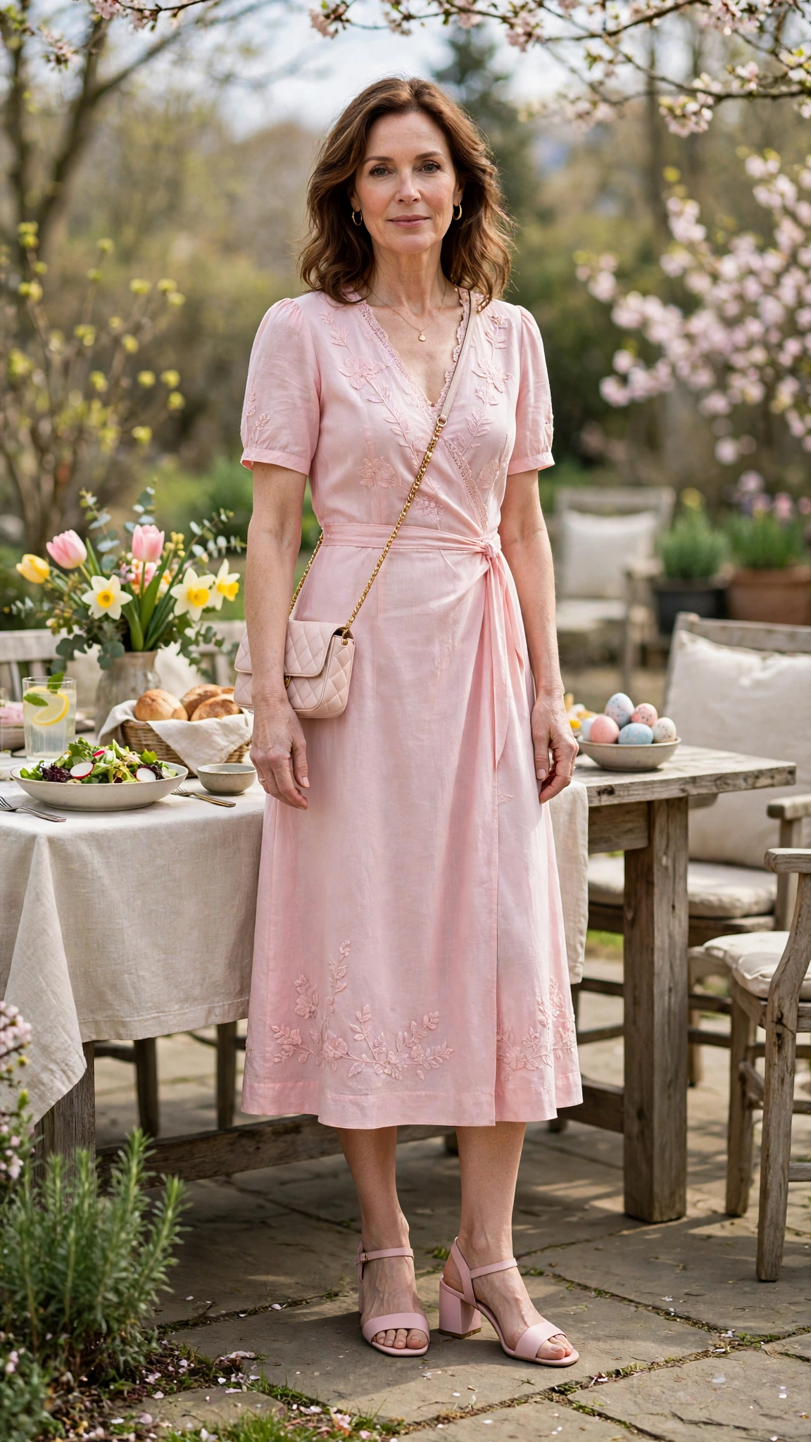 40 Women Over 40 Pastel Easter Dress Outfits for Family Lunch That Are Fresh, Chic and Easy to Wear 30 Powder Pink Pastel Easter Dress Outfit with block-heel sandals and a small crossbody