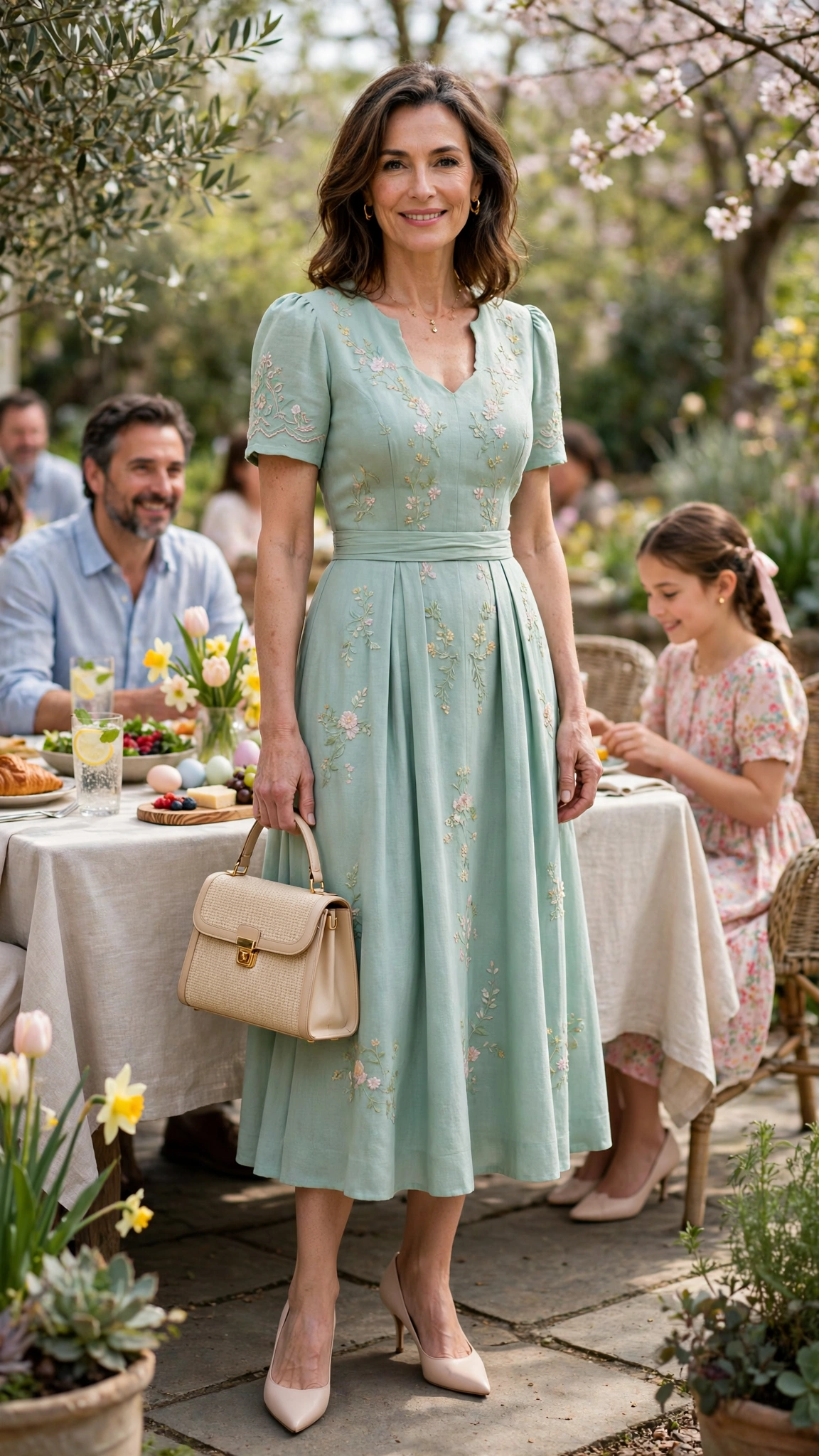 40 Women Over 40 Pastel Easter Dress Outfits for Family Lunch That Are Fresh, Chic and Easy to Wear 31 Seafoam Pastel Easter Dress Outfit with pointed pumps and a structured bag