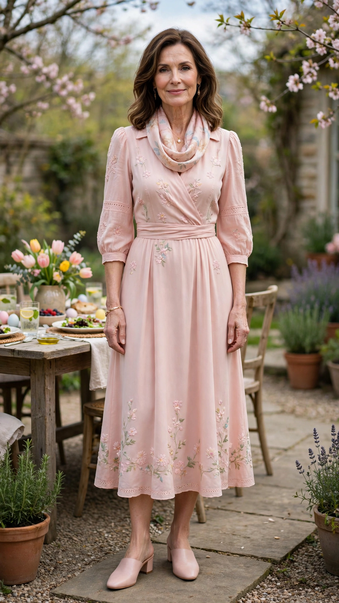 40 Women Over 40 Pastel Easter Dress Outfits for Family Lunch That Are Fresh, Chic and Easy to Wear 33 Blush Pink Pastel Easter Dress Outfit with mules and a silk scarf