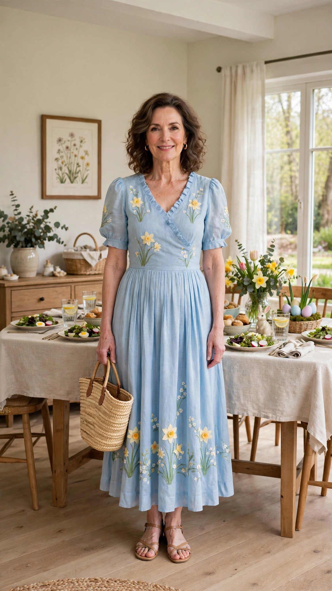 40 Women Over 40 Pastel Easter Dress Outfits for Family Lunch That Are Fresh, Chic and Easy to Wear 34 Sky Blue Pastel Easter Dress Outfit with strappy sandals and a straw bag