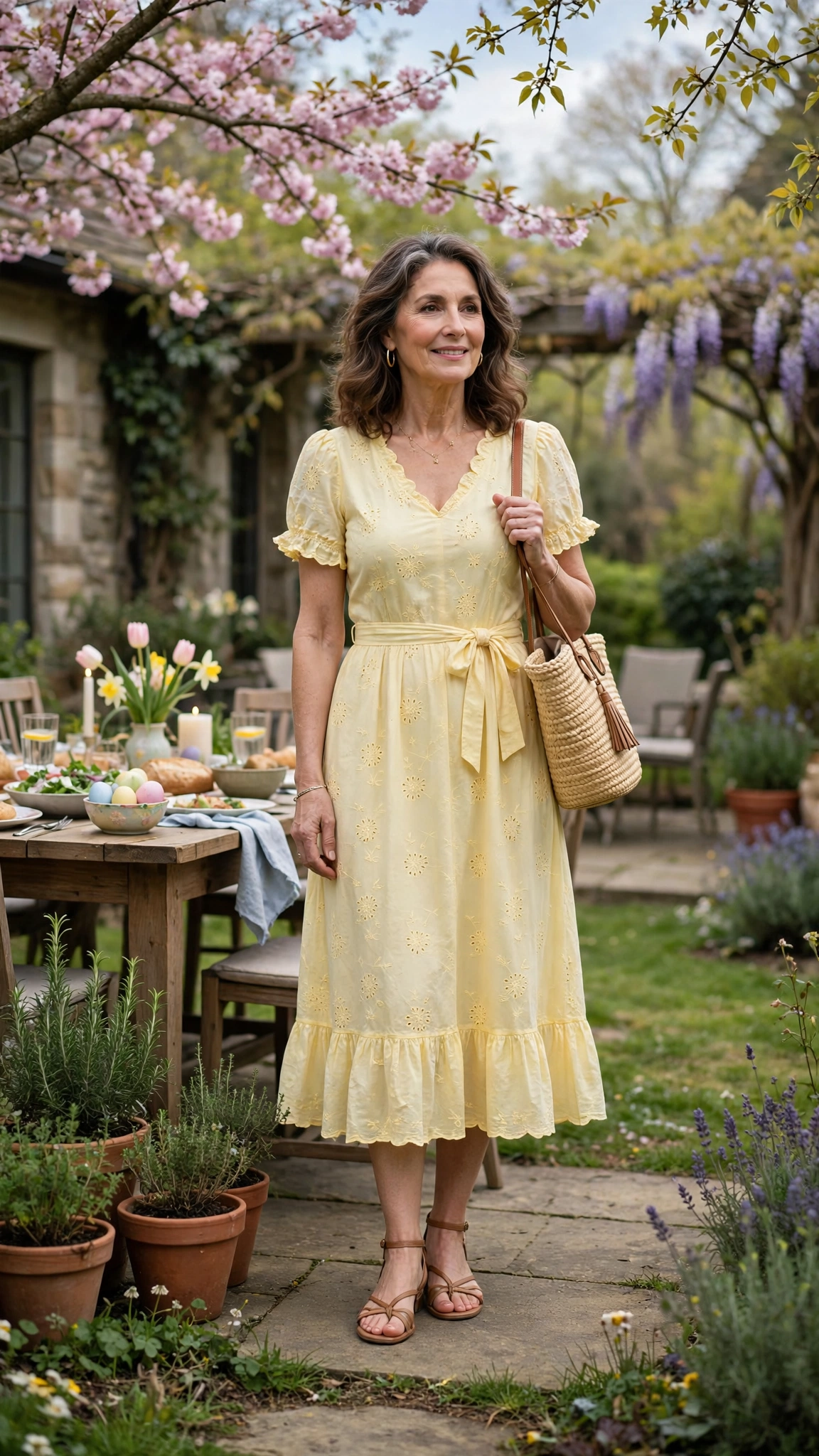 40 Women Over 40 Pastel Easter Dress Outfits for Family Lunch That Are Fresh, Chic and Easy to Wear 35 Butter Yellow Pastel Easter Dress Outfit with strappy sandals and a straw bag
