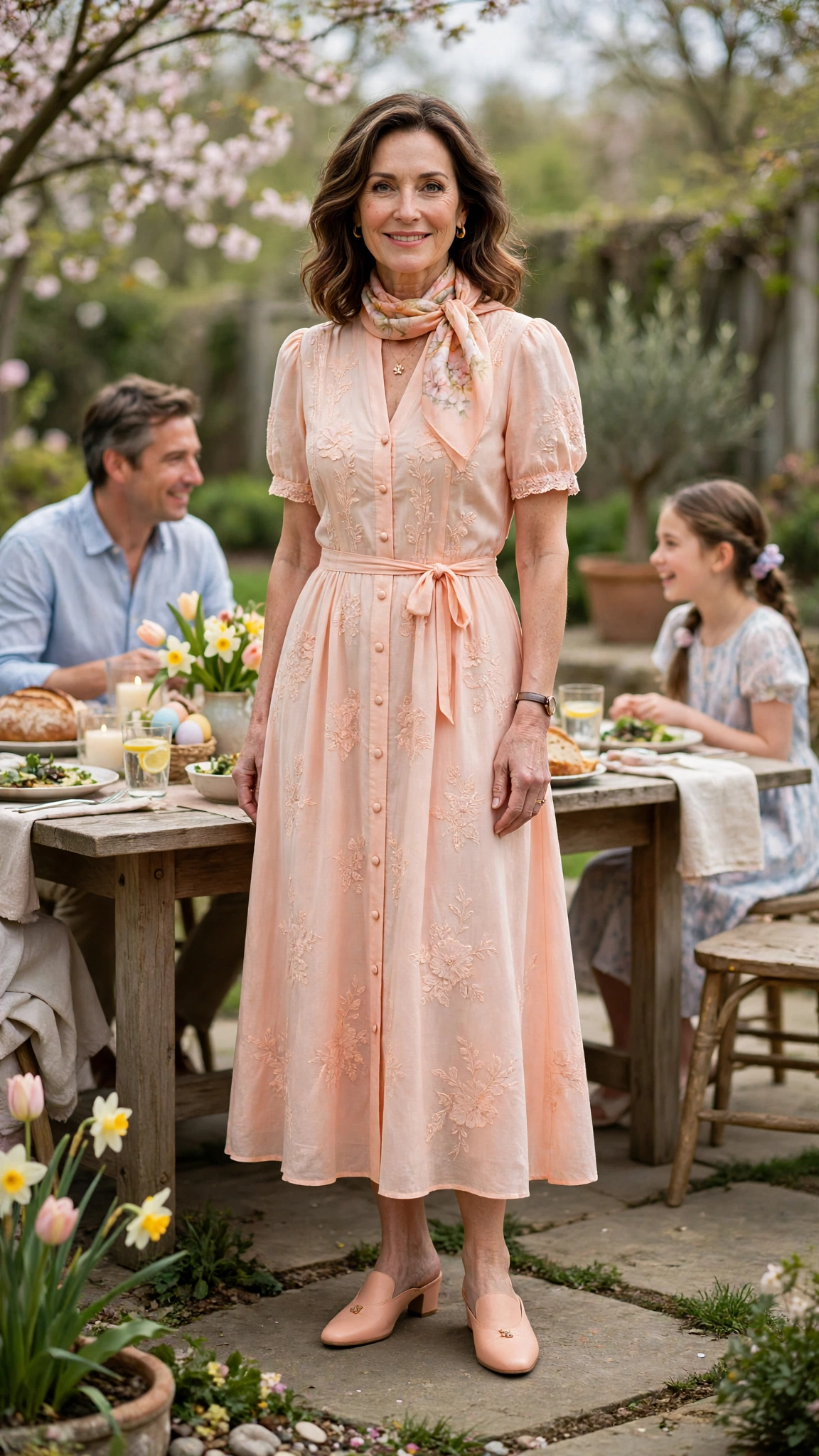 40 Women Over 40 Pastel Easter Dress Outfits for Family Lunch That Are Fresh, Chic and Easy to Wear 36 Peach Pastel Easter Dress Outfit with mules and a silk scarf