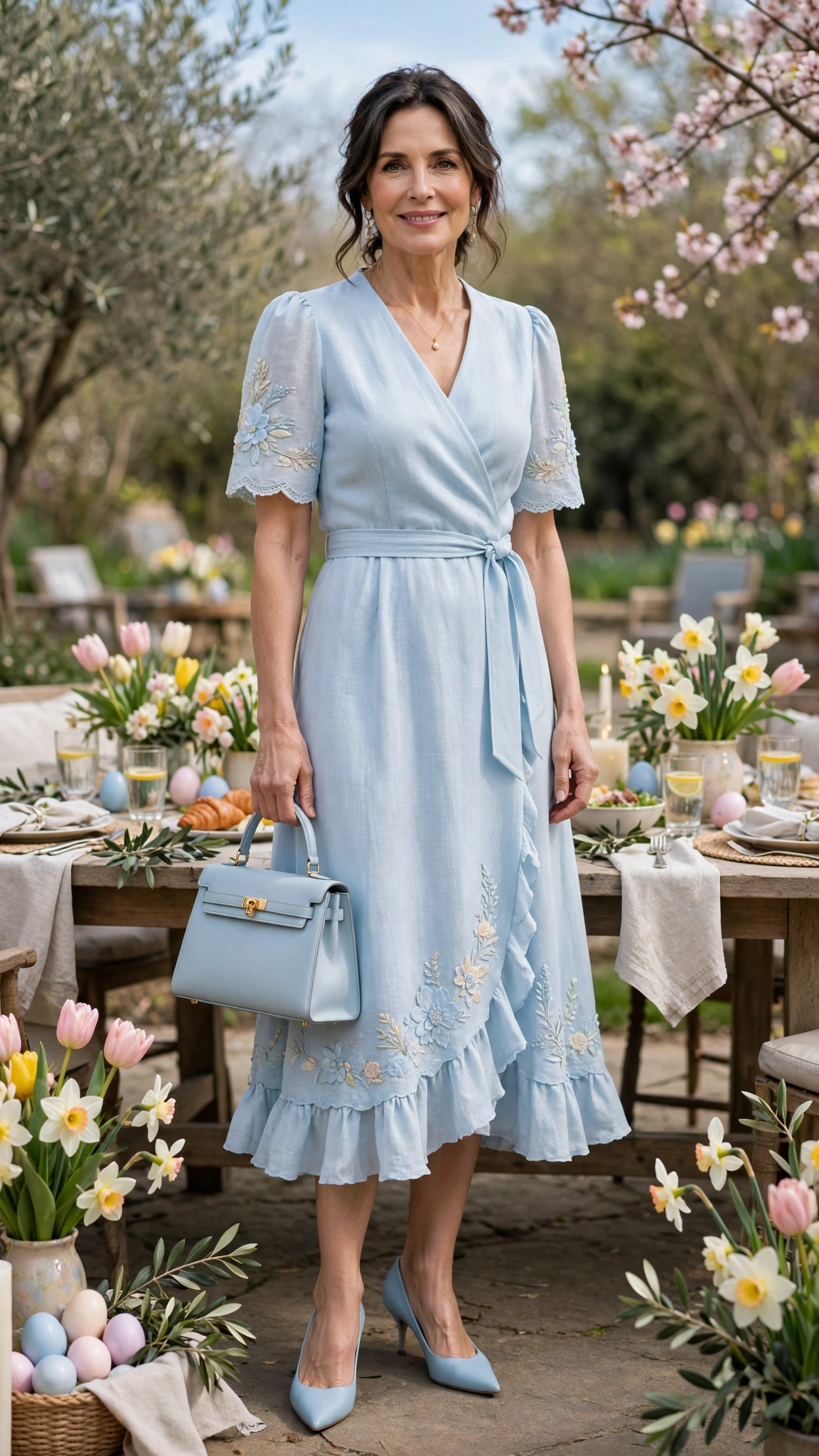 40 Women Over 40 Pastel Easter Dress Outfits for Family Lunch That Are Fresh, Chic and Easy to Wear 37 Baby Blue Pastel Easter Dress Outfit with pointed pumps and a structured bag