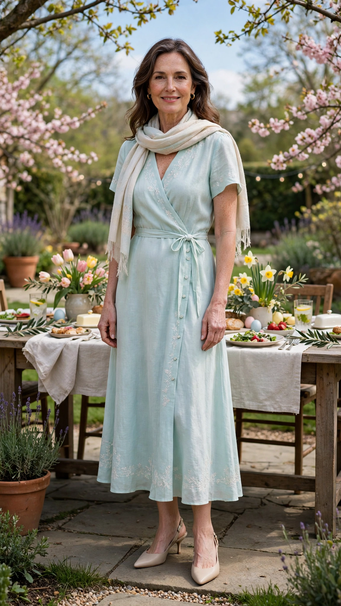 40 Women Over 40 Pastel Easter Dress Outfits for Family Lunch That Are Fresh, Chic and Easy to Wear 38 Light Aqua Pastel Easter Dress Outfit with slingback heels and a light scarf