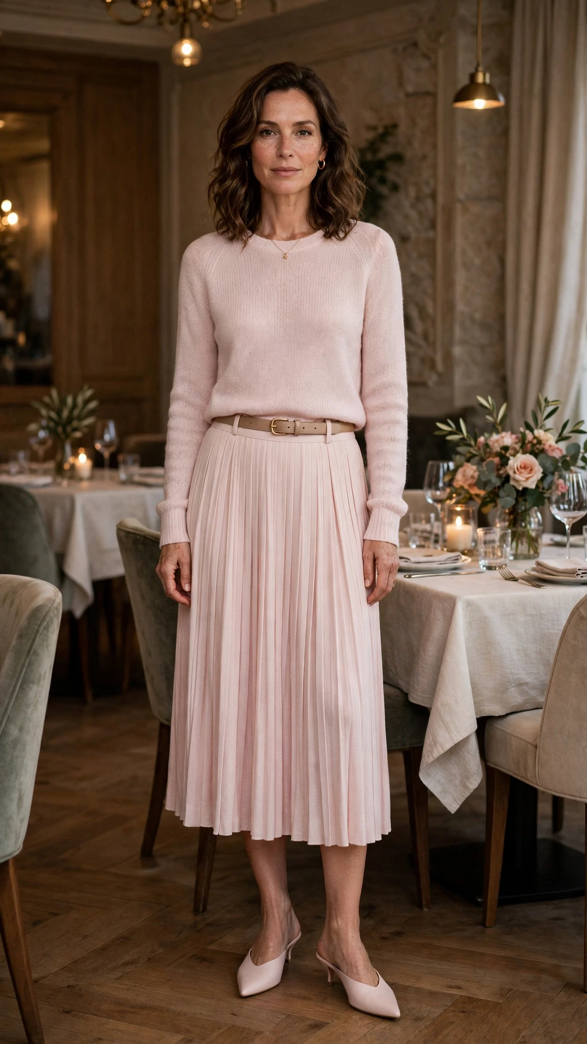 Pale pink fine knit sweater outfit with a pleated skirt, pointed mules and a slim leather belt