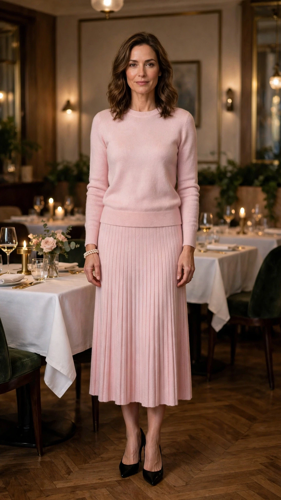 Pastel pink fine knit sweater outfit with a midi skirt, black pointed heels and a pearl bracelet