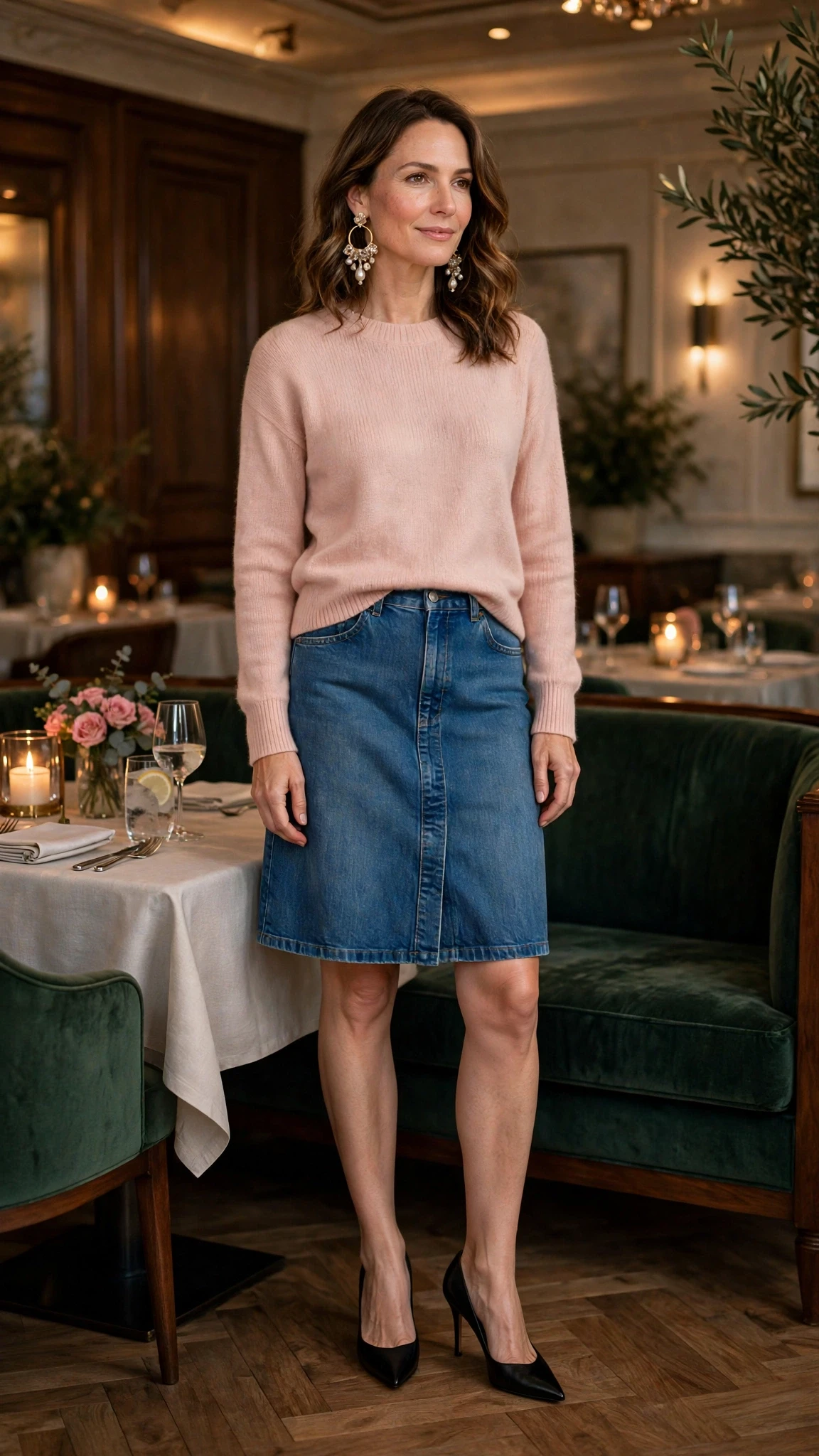 Blush pink sweater and denim skirt outfit with black pointed heels and statement earrings